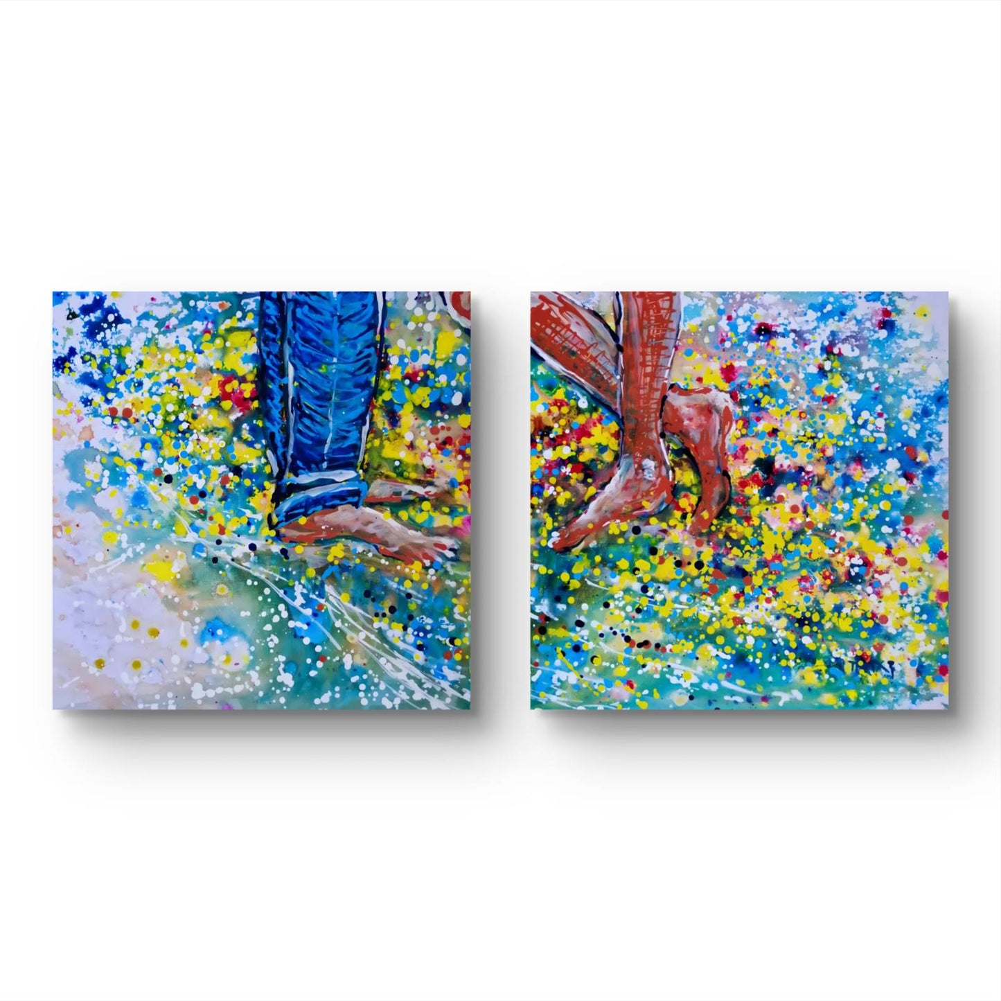 Love affair diptych original abstract painting set by contemporary artist TRAXI, depicting playful feet on the beach with vibrant fluid acrylic colors. Two square canvas wall art prints shown side by side against a white background. The artwork depicts close-up painted legs and feet stepping into a colorful, paint-splattered water scene with blue jeans and bare skin tones.