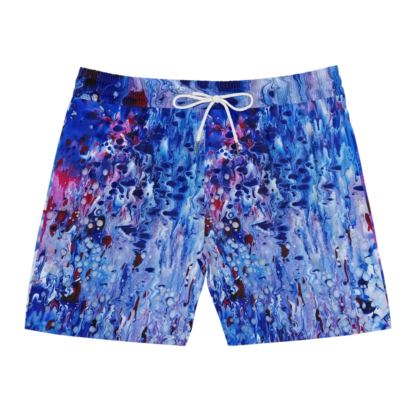 Men's blue ocean swim shorts featuring wearable art inspired by blue underwater paintings by Diana Dimova TRAXI. Blue and purple abstract print swim trunks with a white drawstring, shown flat on a white background.