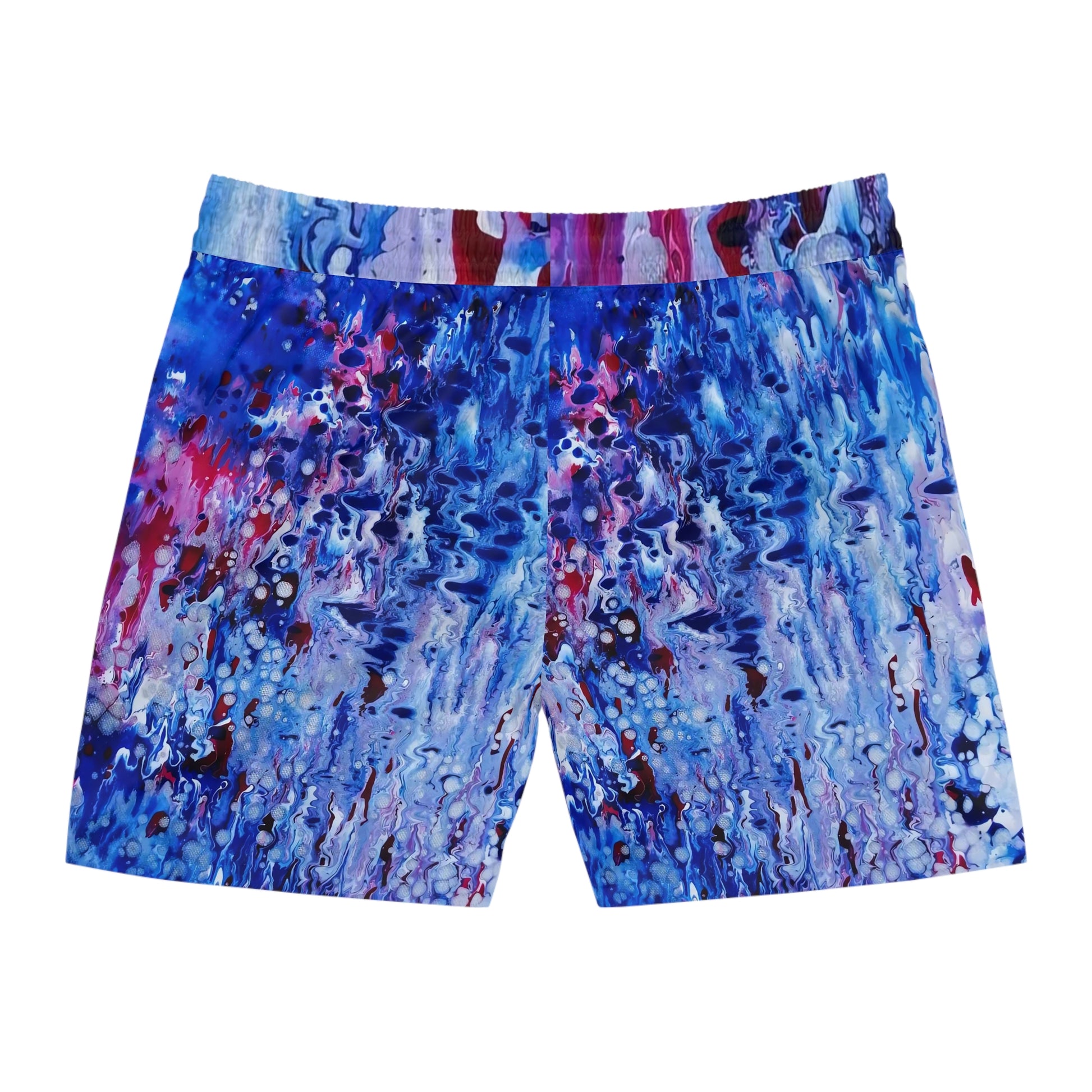 Men's blue ocean swim shorts featuring wearable art inspired by blue underwater paintings by Diana Dimova TRAXI. A pair of women's athletic shorts featuring an abstract, multicolored paint-splatter pattern in shades of blue, purple, pink, and white, displayed against a solid white background.