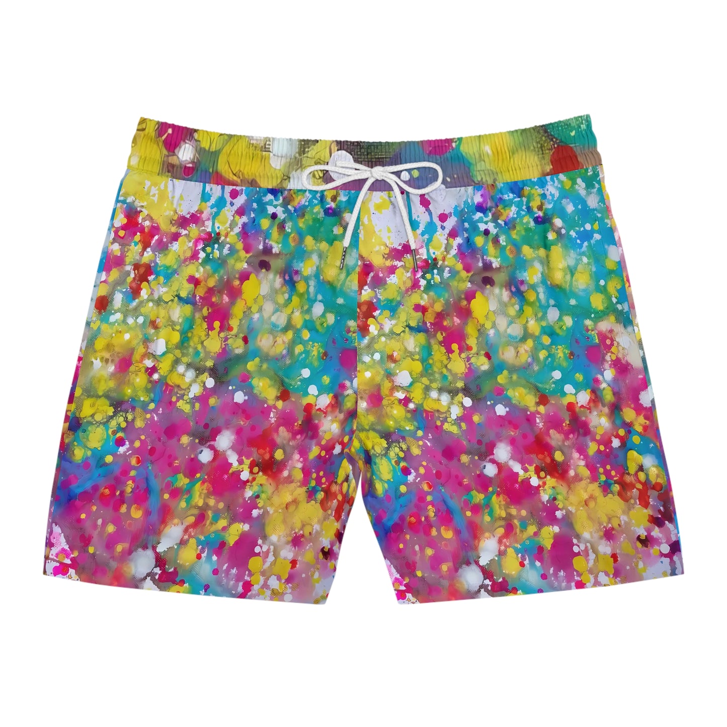 Men's summer beach swim shorts of happiness featuring abstract wearable art inspired by the Paintings of Happiness series by Diana Dimova TRAXI. A pair of men's swim trunks featuring a vibrant, multicolor paint splatter and watercolor pattern with a white drawstring waist, shown flat against a solid white background.