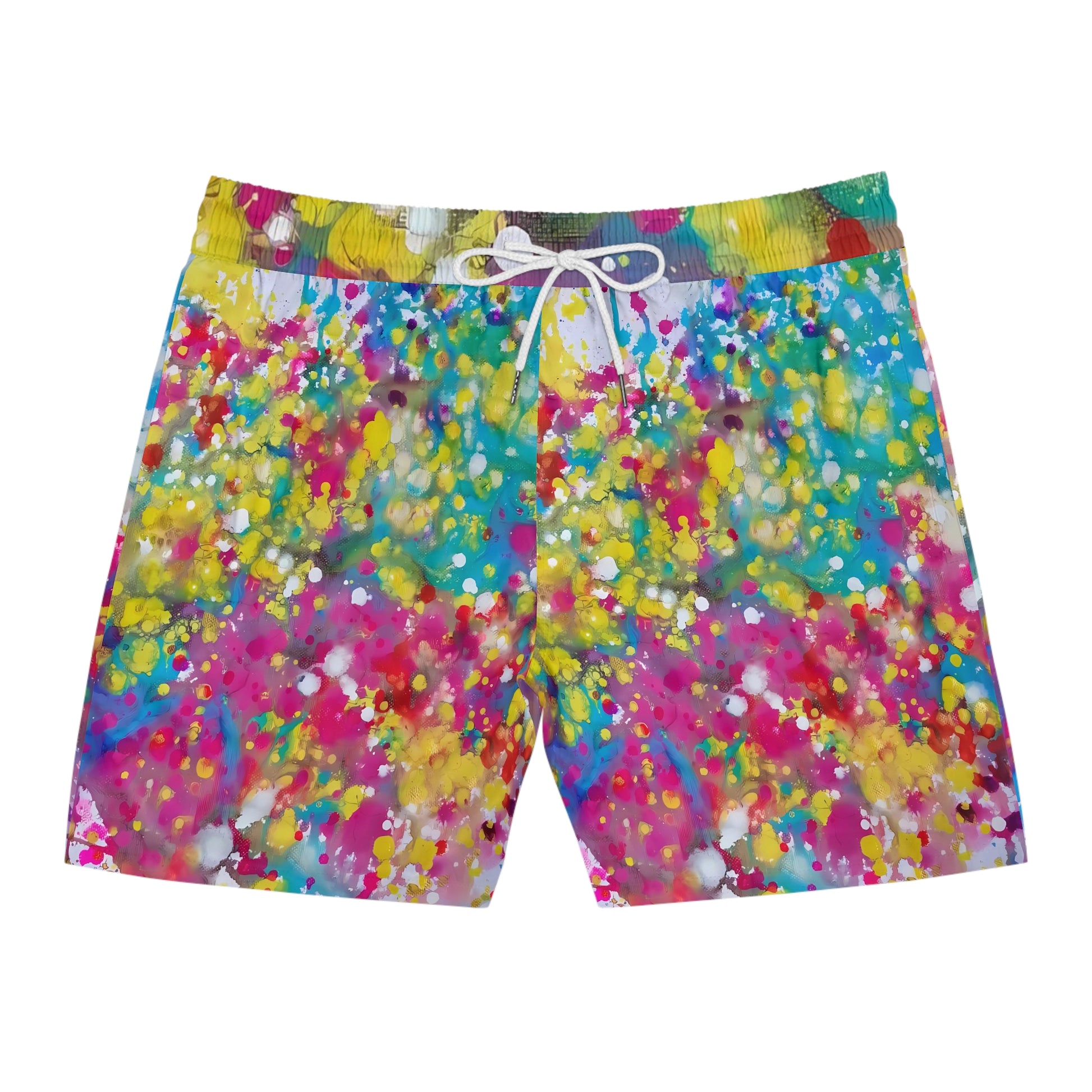 Men's summer beach swim shorts of happiness featuring abstract wearable art inspired by the Paintings of Happiness series by Diana Dimova TRAXI. A pair of men's swim trunks featuring a vibrant, multicolor paint splatter and watercolor pattern with a white drawstring waist, shown flat against a solid white background.