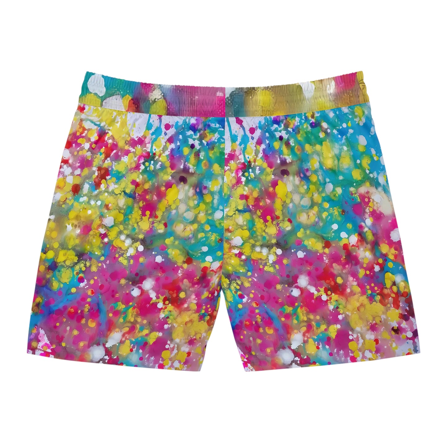 Men's summer beach swim shorts of happiness featuring abstract wearable art inspired by the Paintings of Happiness series by Diana Dimova TRAXI. A pair of men's athletic shorts featuring a vibrant, multicolor paint splatter pattern in shades of pink, yellow, blue, and white, with a matching elastic waistband.