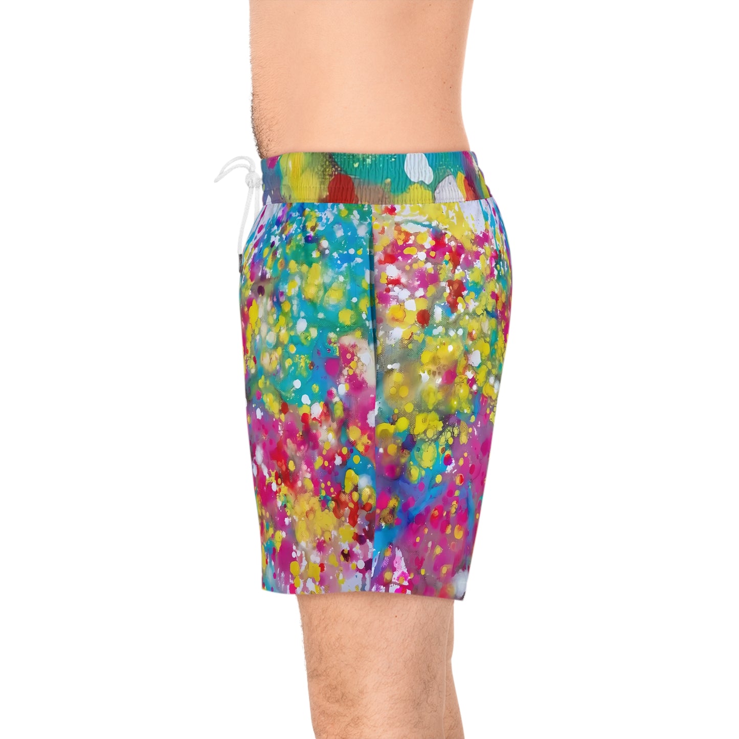Men's summer beach swim shorts of happiness featuring abstract wearable art inspired by the Paintings of Happiness series by Diana Dimova TRAXI. A person wearing colorful abstract-print swim trunks, shown from the waist down against a plain white background.