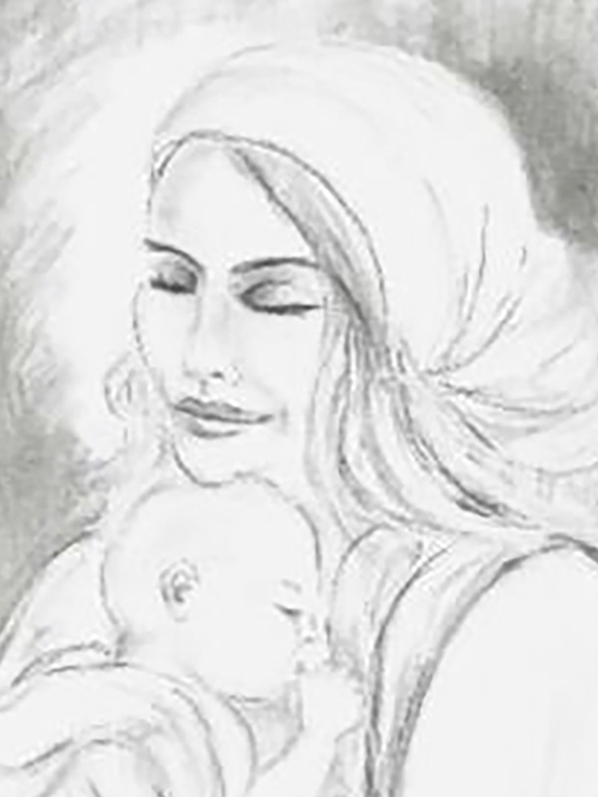 Art Project Connection Mother & Child Painting No. 01, original charcoal sketch by contemporary artist TRAXI. A grayscale pencil-style drawing of a woman in a head covering holding a baby, with soft sketch lines and shading.