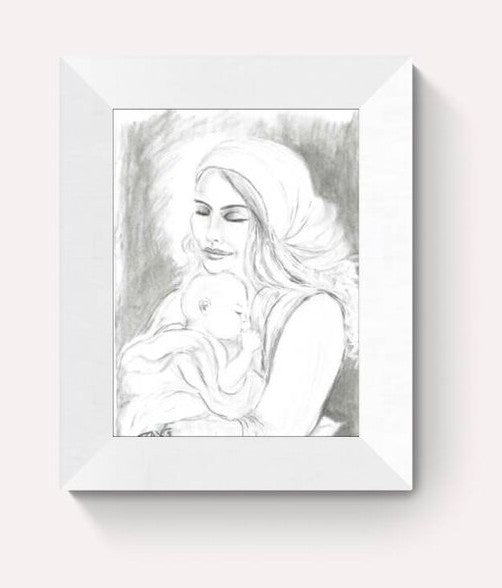 Art Project Connection Mother & Child Painting No. 01, original charcoal sketch by contemporary artist TRAXI. A framed black and white pencil sketch of a woman holding a baby, presented in a white square frame against a light off-white background.