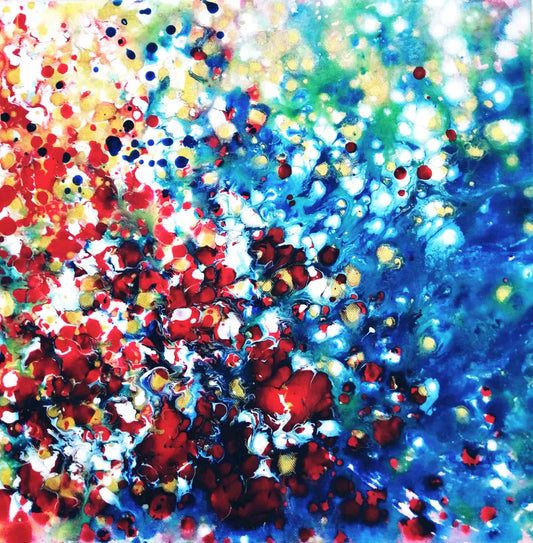 New Beginnings by contemporary artist TRAXI, an original abstract painting featuring blue, red, and gold fluid acrylic pouring techniques exploring emotional transformation. Abstract art with multicolored dots and swirls