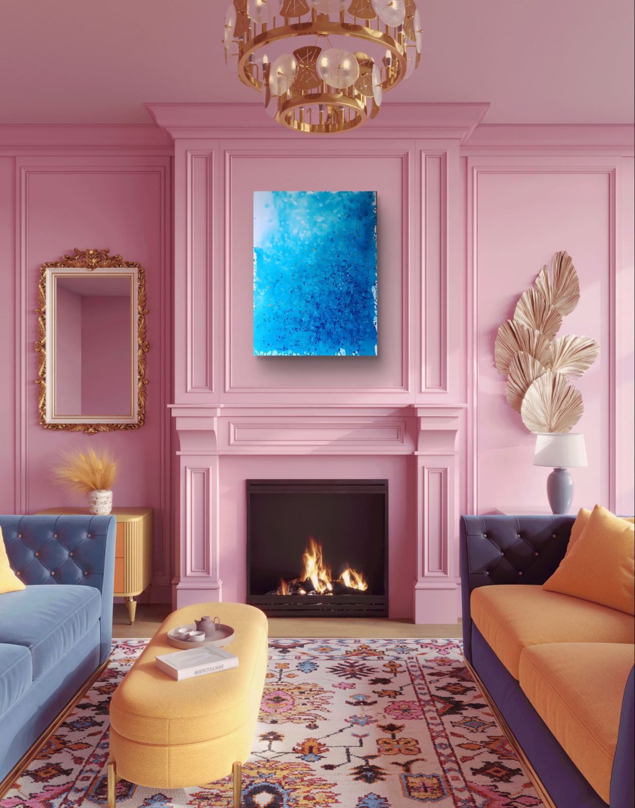 Original blue abstract marine seascape painting Ocean Calm styled in a luxury contemporary living room interior.