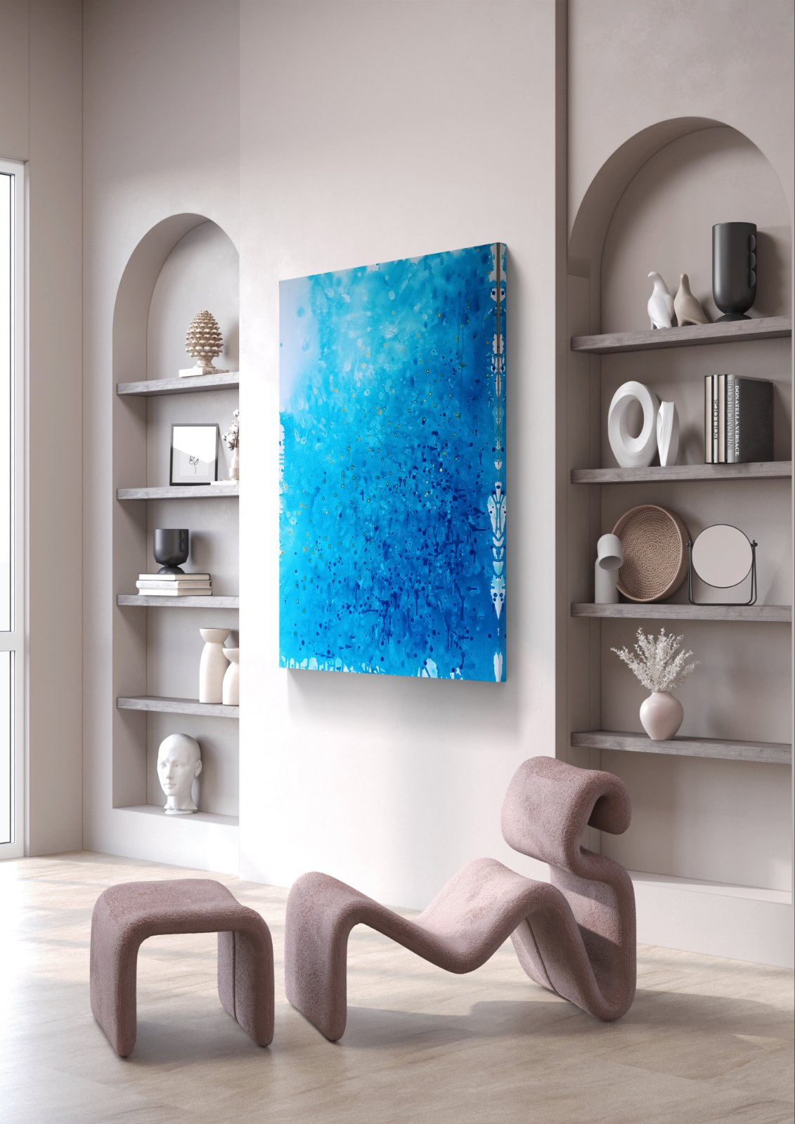 Original blue abstract marine seascape painting Ocean Calm styled in a luxury contemporary living room interior.