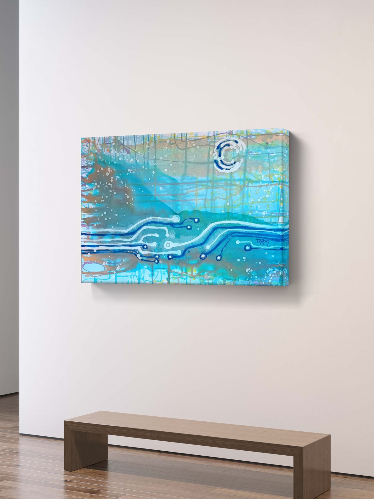 Seascape & Technology "Ocean Dialogue," an original contemporary abstract Blue  Ocean painting by Diana Dimova – TRAXI.  Abstract canvas wall art featuring a blue and turquoise circuit-board design with white lines and small metallic gold accents, displayed on a light beige wall above a minimalist wooden bench.