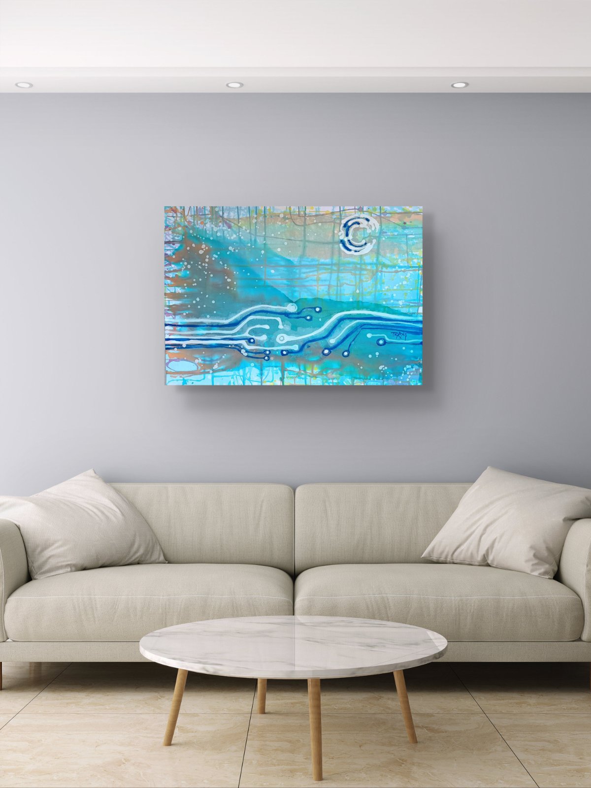 Seascape & Technology "Ocean Dialogue," an original contemporary abstract Blue  Ocean painting by Diana Dimova – TRAXI.  An abstract canvas painting with blue, teal, and white circuit-like patterns hanging on a light gray wall above a modern beige sofa and round marble-top coffee table.