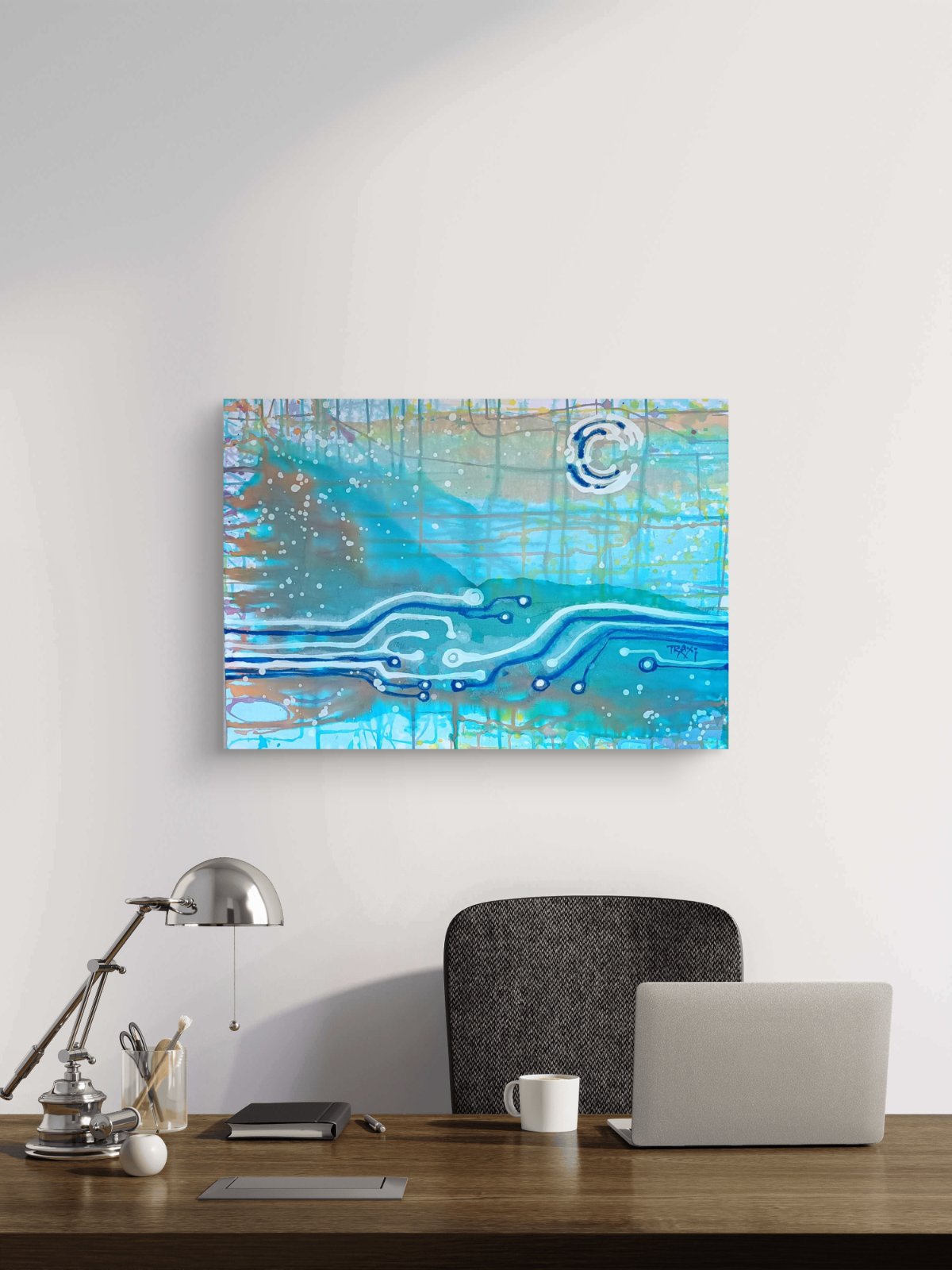 Seascape & Technology "Ocean Dialogue," an original contemporary abstract Blue  Ocean painting by Diana Dimova – TRAXI.  An abstract canvas art print featuring vibrant blue, teal, and white circuit board patterns, displayed on a white wall above a wooden desk with a laptop, lamp, and chair.