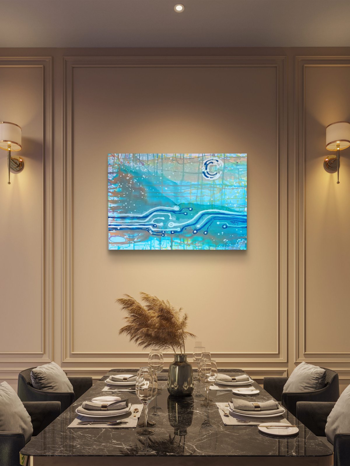 Seascape & Technology "Ocean Dialogue," an original contemporary abstract Blue  Ocean painting by Diana Dimova – TRAXI.  An abstract blue and teal canvas painting with a crescent moon is displayed on a beige wall in a modern dining room setting above a dark marble table.