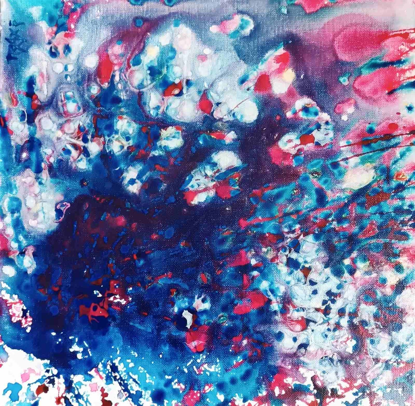 Original abstract diptych Theory of Attraction by Diana Dimova TRAXI, featuring blue, white, and rose tones exploring manifestation and cosmic synchronicity. Abstract fluid acrylic painting with swirling splashes of deep blue, bright cyan, white, pink, and red on a textured canvas background.