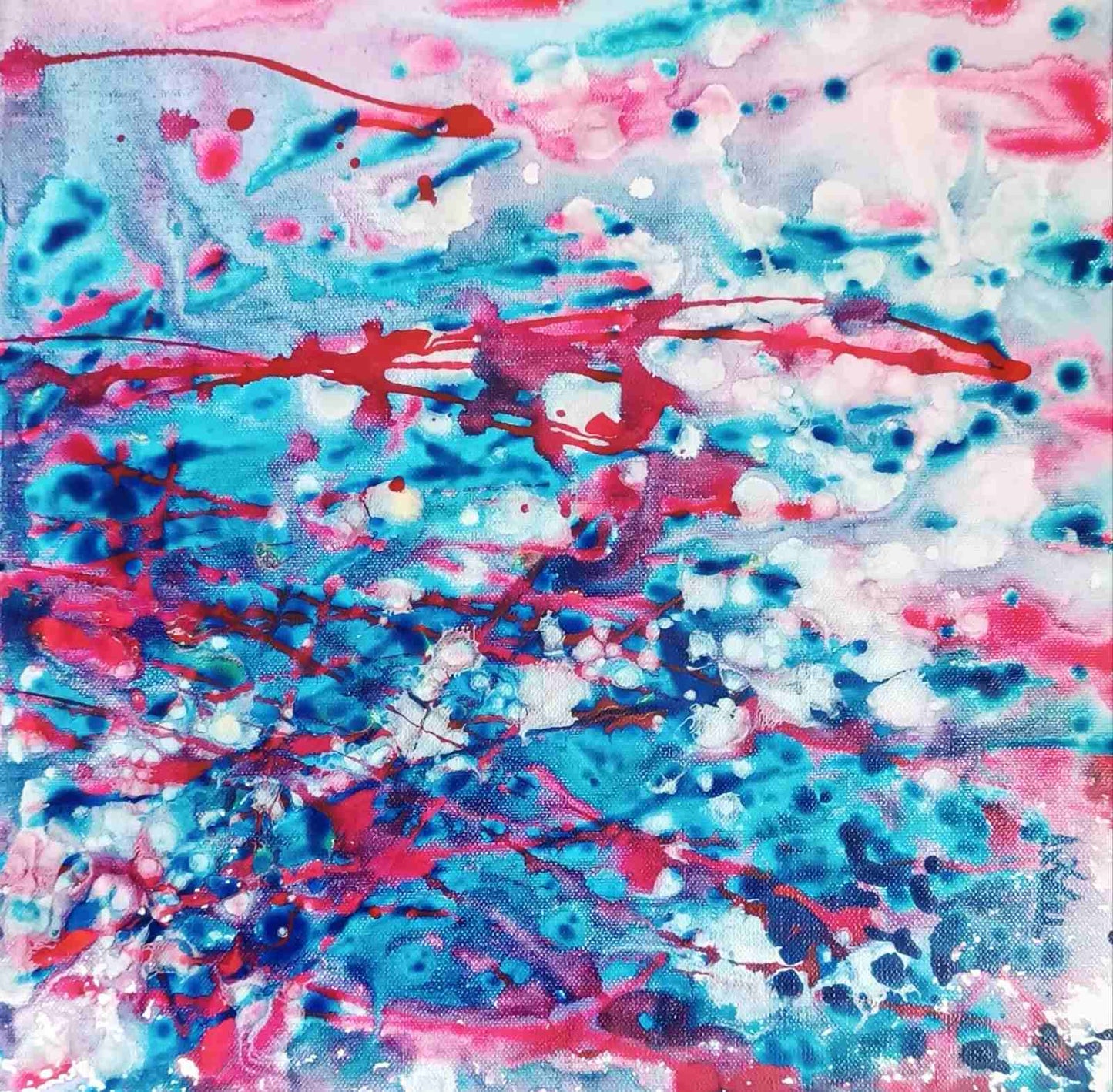 Original abstract diptych Theory of Attraction by Diana Dimova TRAXI, featuring blue, white, and rose tones exploring manifestation and cosmic synchronicity. Abstract painting with splattered and dripped paint in bright cyan blue, magenta pink, white, and dark navy, filling the entire frame.