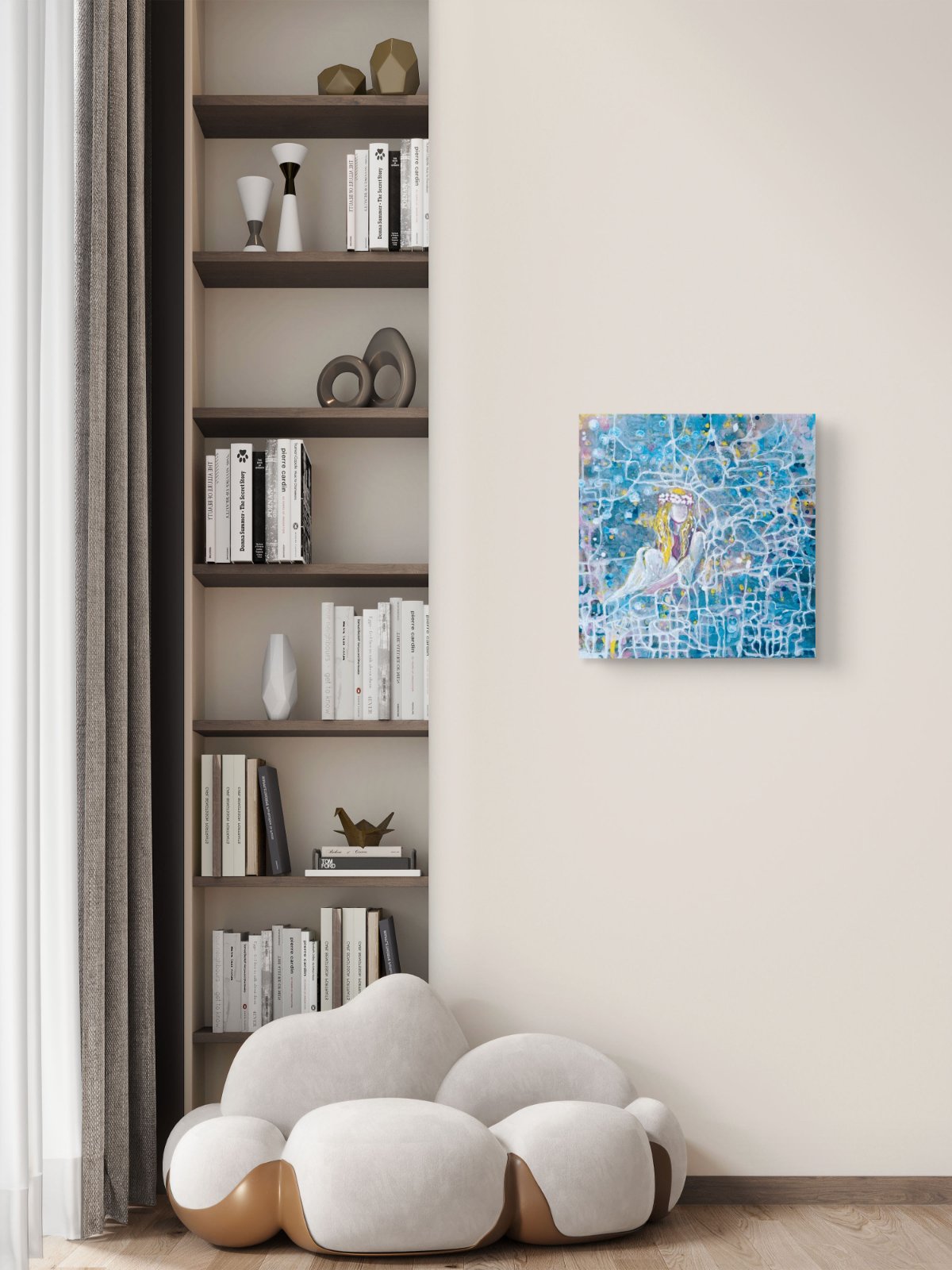 Original abstract figurative painting Connected to the Universe by Diana Dimova TRAXI, featuring a luminous figure emerging from a network of flowing lines. A square canvas art print featuring a blue and white textured mosaic design of a woman, displayed on a beige wall in a modern living room setting next to a built-in bookshelf.