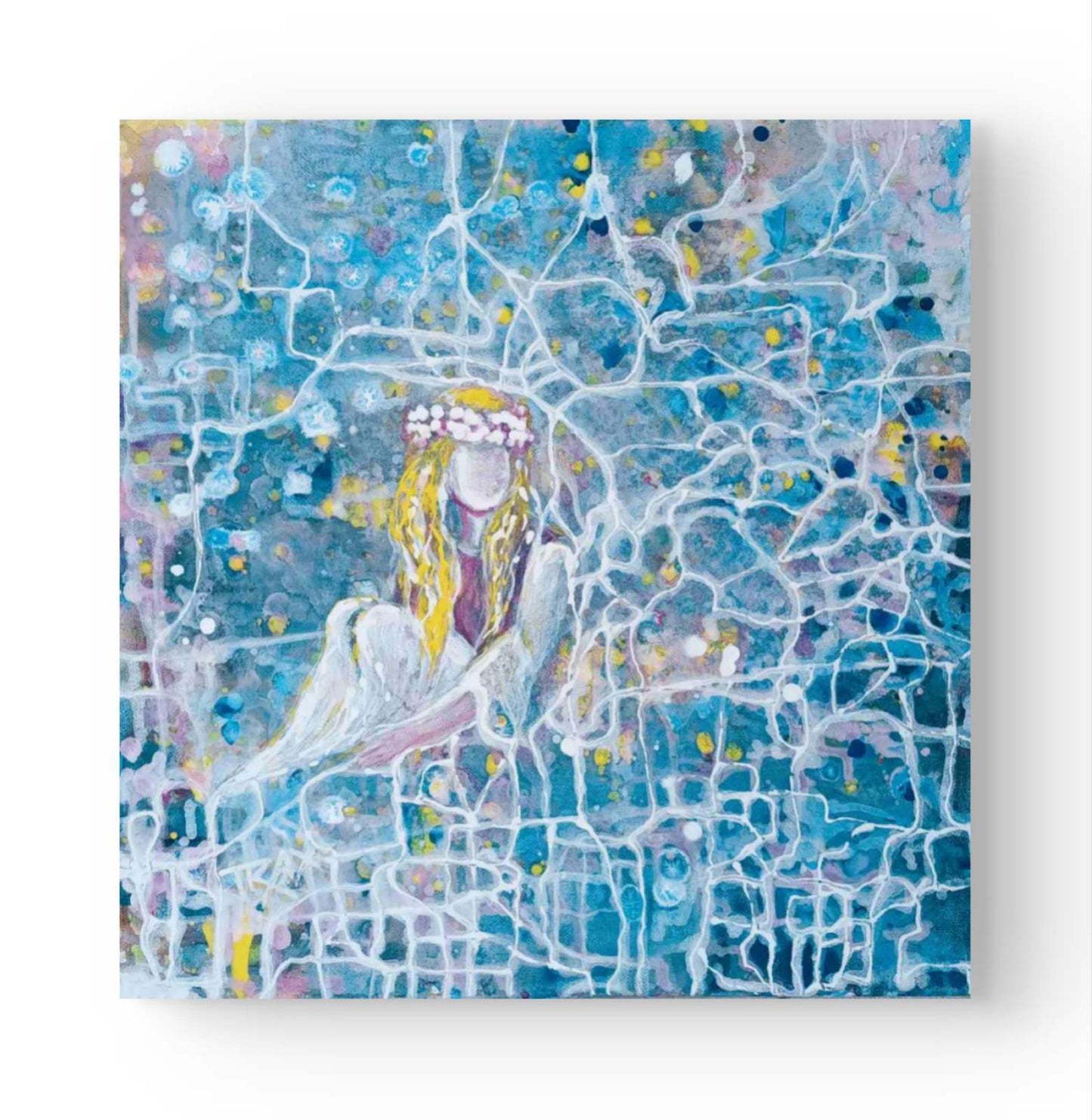 Original abstract figurative painting Connected to the Universe by Diana Dimova TRAXI, featuring a luminous figure emerging from a network of flowing lines. An abstract square painting featuring a stylized seated female figure with long yellow hair, rendered in blue, white, purple, and yellow tones against a textured abstract background.