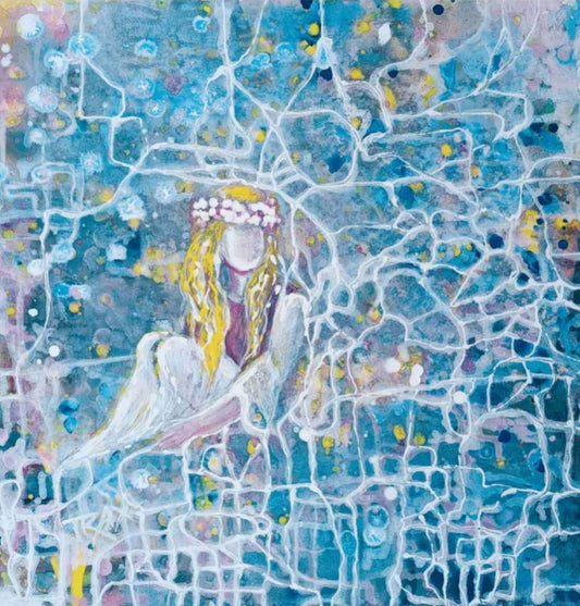 Original abstract figurative painting Connected to the Universe by Diana Dimova TRAXI, featuring a luminous figure emerging from a network of flowing lines. An abstract painting of a seated female figure with long yellow hair, a pink and white flower crown, and white wings, set against a textured blue background with white crackle-like lines and colorful paint splatters.