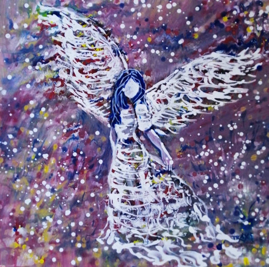 Original abstract figurative painting White Angel by Diana Dimova TRAXI, featuring spiritual symbolism in purple and white tones. An expressive painting of a winged angel figure with outstretched wings, rendered in white brushstrokes against a mottled purple, pink, and blue background with scattered white dots.