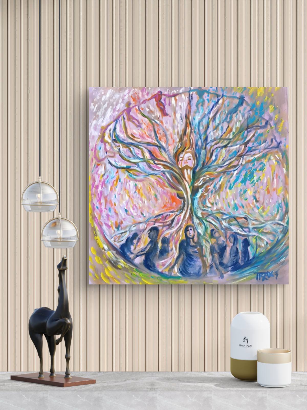 Original abstract painting Connected to the Internet by Diana Dimova TRAXI, featuring organic lines and neural network flows in rich blue and red tones. A colorful abstract painting of a tree with figures beneath its roots, displayed on a beige wood-paneled wall above a marble surface with decorative objects including a black giraffe sculpture and two small white containers.
