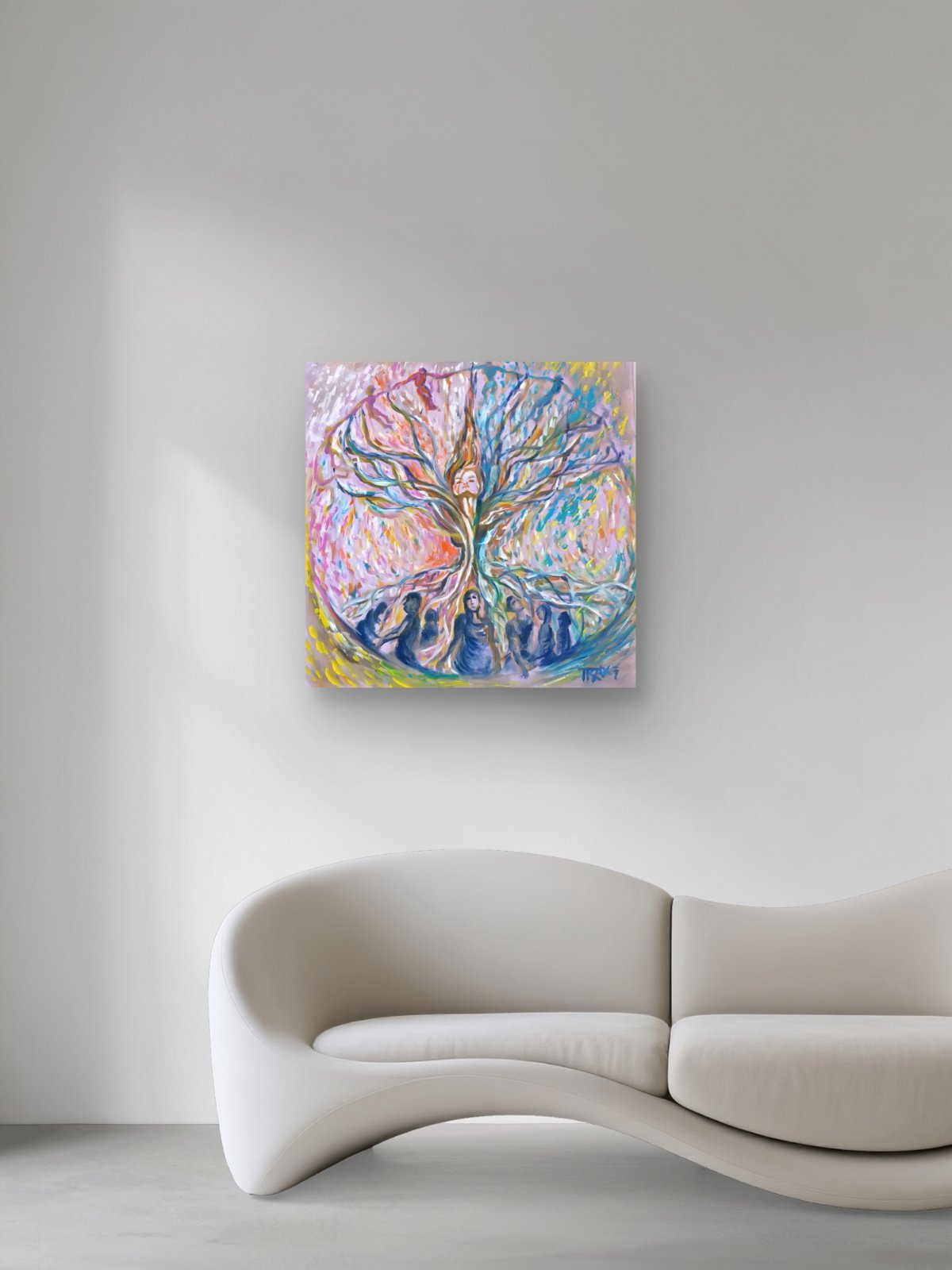 Original abstract painting Connected to the Internet by Diana Dimova TRAXI, featuring organic lines and neural network flows in rich blue and red tones. A square abstract wall art print featuring a colorful tree design in pink, blue, yellow, and white, displayed on a light gray wall above a modern curved white sofa.