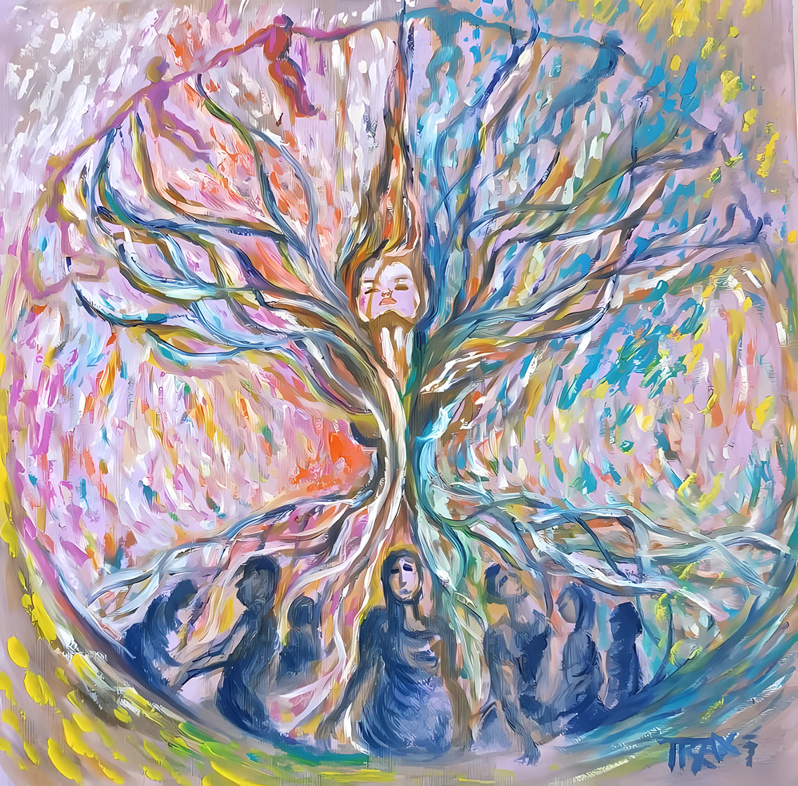Original abstract painting Connected to the Internet by Diana Dimova TRAXI, featuring organic lines and neural network flows in rich blue and red tones. An expressive painting of a large tree with a face at the center and several seated human figures around its base, rendered in layered brushstrokes of blue, pink, yellow, orange, and white.