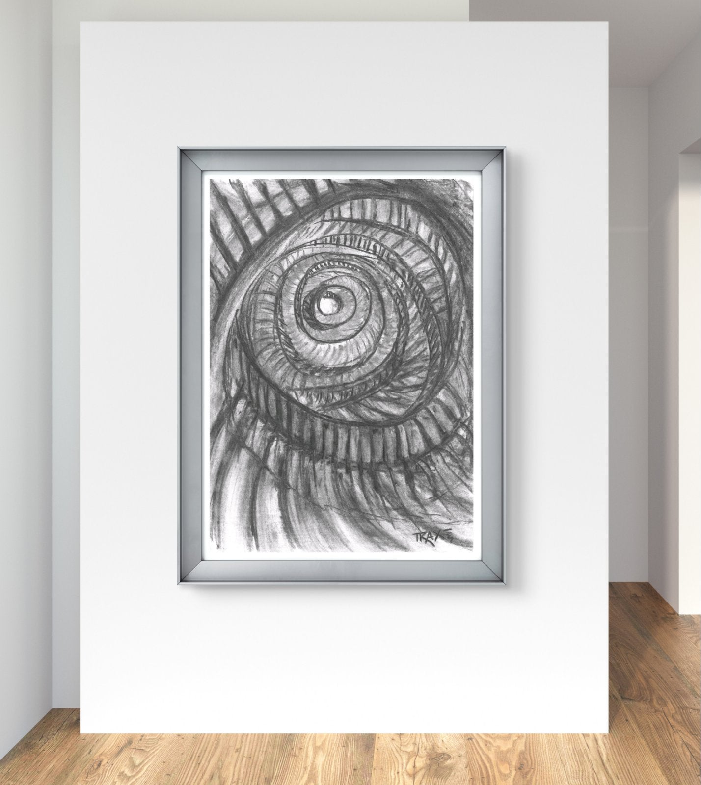 Original monochrome charcoal abstract drawing Eternal Spirals by Diana Dimova TRAXI, featuring rhythmic spiral movements in black and white tones. A framed black and white spiral shell drawing, presented in a silver frame on a white wall above a light wood floor.
