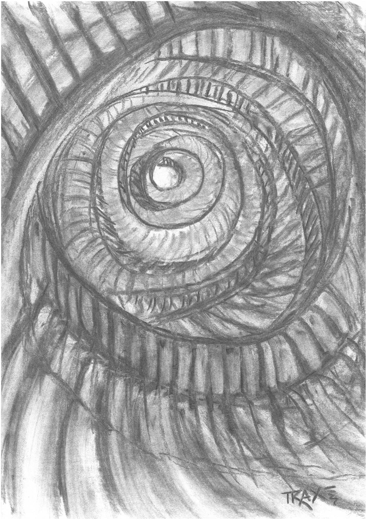 Original monochrome charcoal abstract drawing Eternal Spirals by Diana Dimova TRAXI, featuring rhythmic spiral movements in black and white tones. A black and white spiral drawing rendered in pencil or charcoal, with concentric curved lines radiating from a central bright area. The artwork fills the frame, with a small artist signature in the lower right corner.