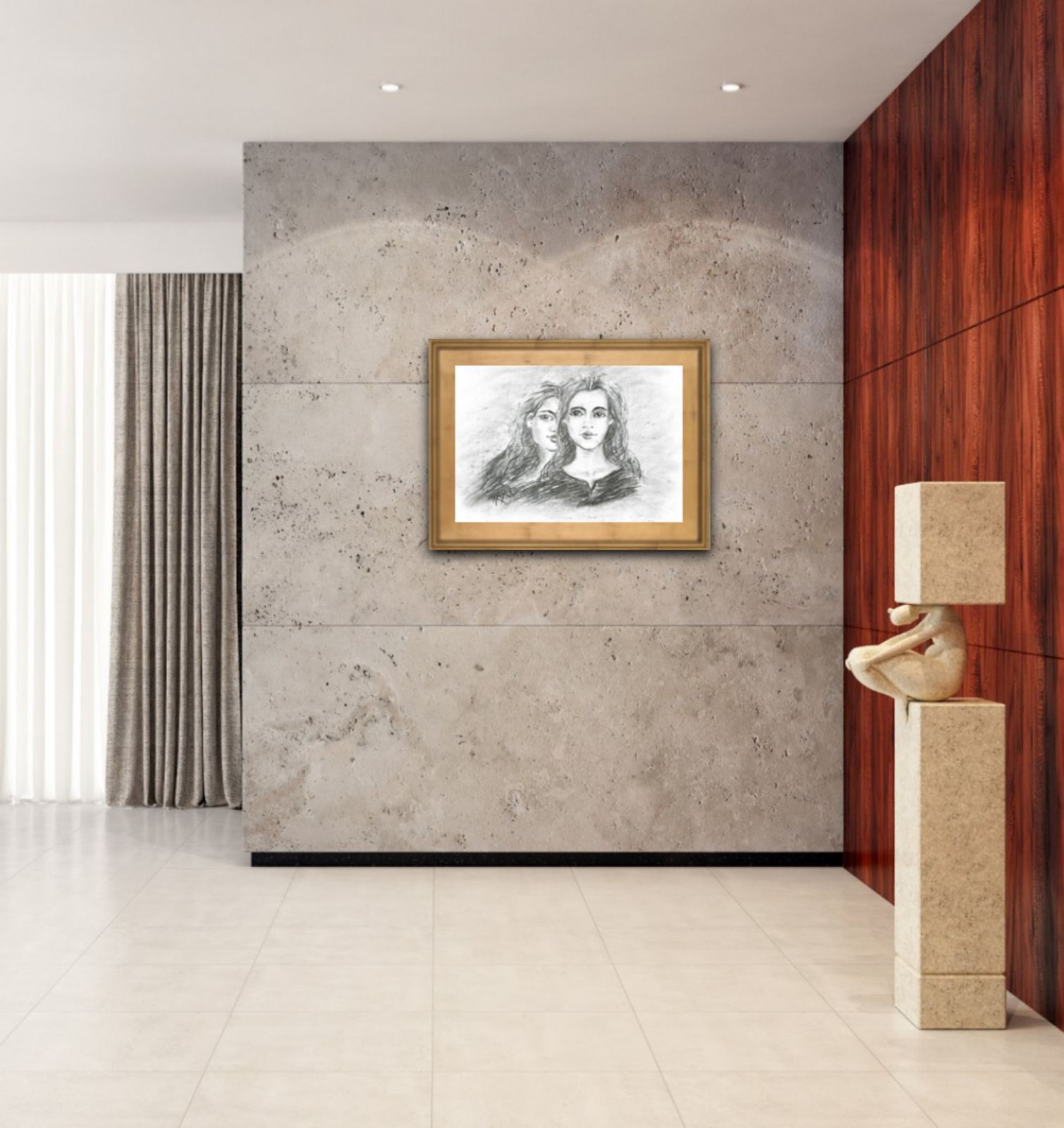 Original monochrome charcoal portrait Duality by Diana Dimova TRAXI, featuring a two-faces woman exploring inner contradiction in black and white tones. A framed black and white portrait sketch of two women hangs on a textured gray concrete wall in a modern interior with a wood-paneled wall, curtains, and a decorative stone sculpture.