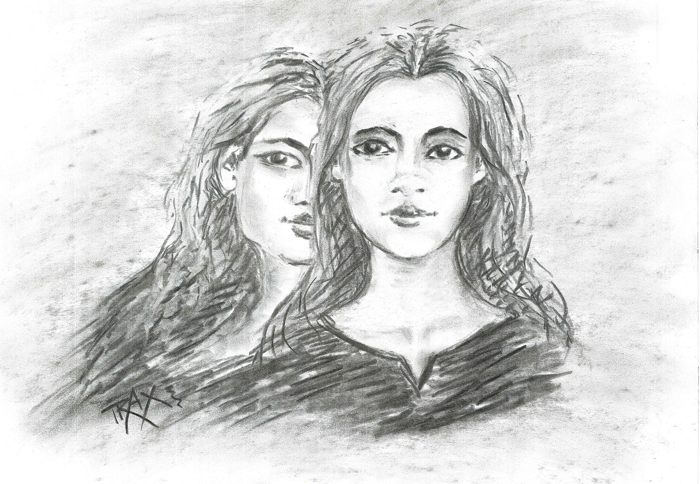 Original monochrome charcoal portrait Duality by Diana Dimova TRAXI, featuring a two-faces woman exploring inner contradiction in black and white tones. A black and white pencil sketch of two young women, with one in front and one behind, rendered on a textured off-white background.