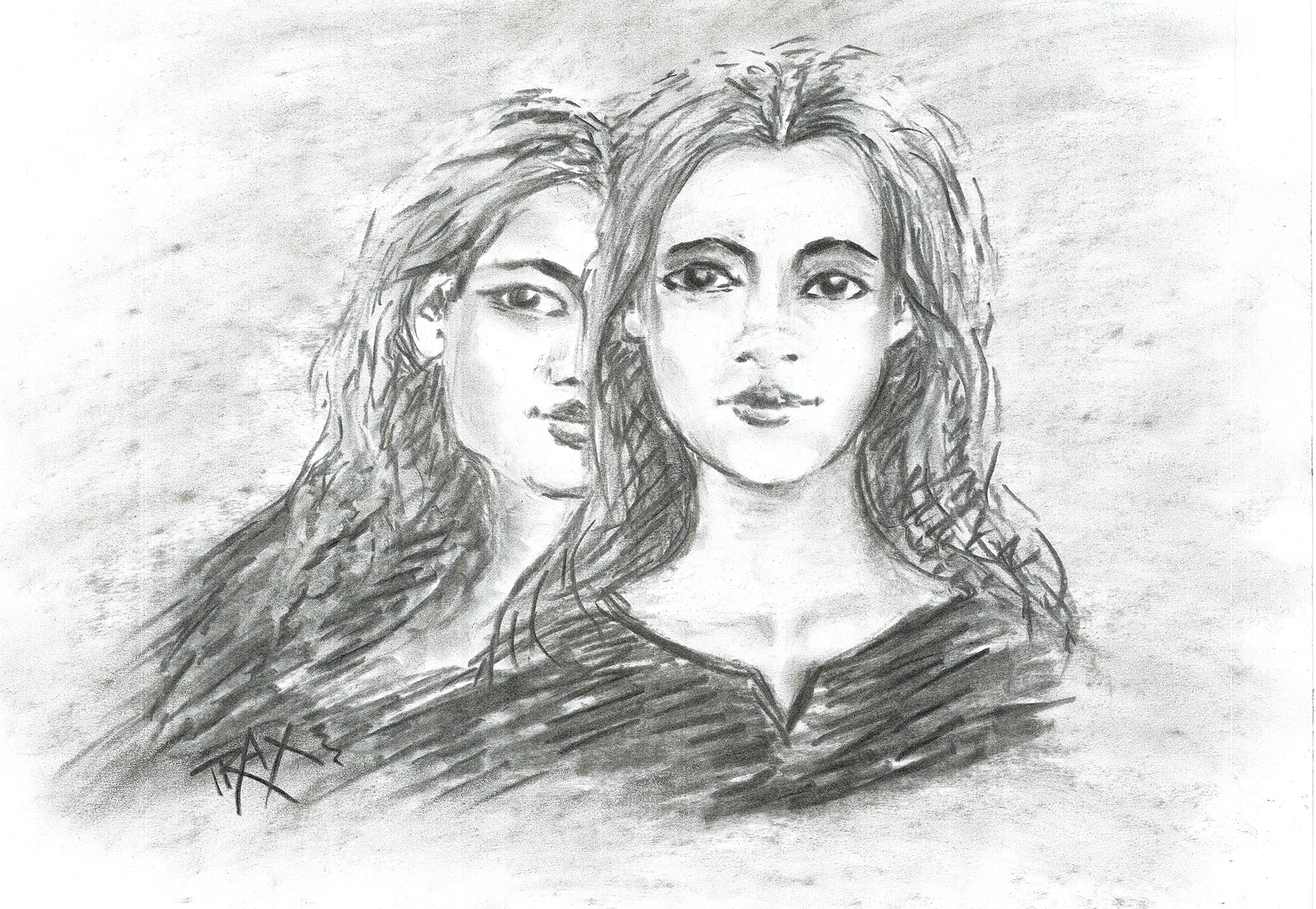 Original monochrome charcoal portrait Duality by Diana Dimova TRAXI, featuring a two-faces woman exploring inner contradiction in black and white tones. A black and white pencil sketch of two young women, with one in front and one behind, rendered on a textured off-white background.