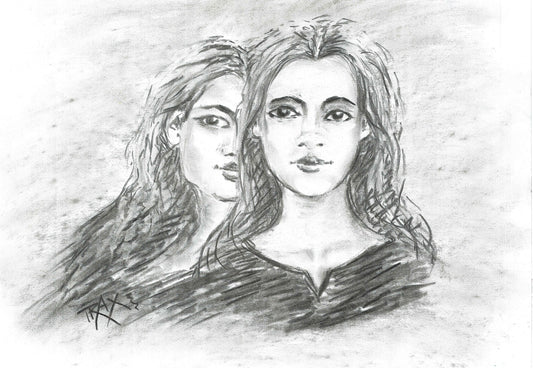 Original monochrome charcoal portrait Duality by Diana Dimova TRAXI, featuring a two-faces woman exploring inner contradiction in black and white tones. A black and white pencil sketch of two young women, with one in front and one behind, rendered on a textured off-white background.