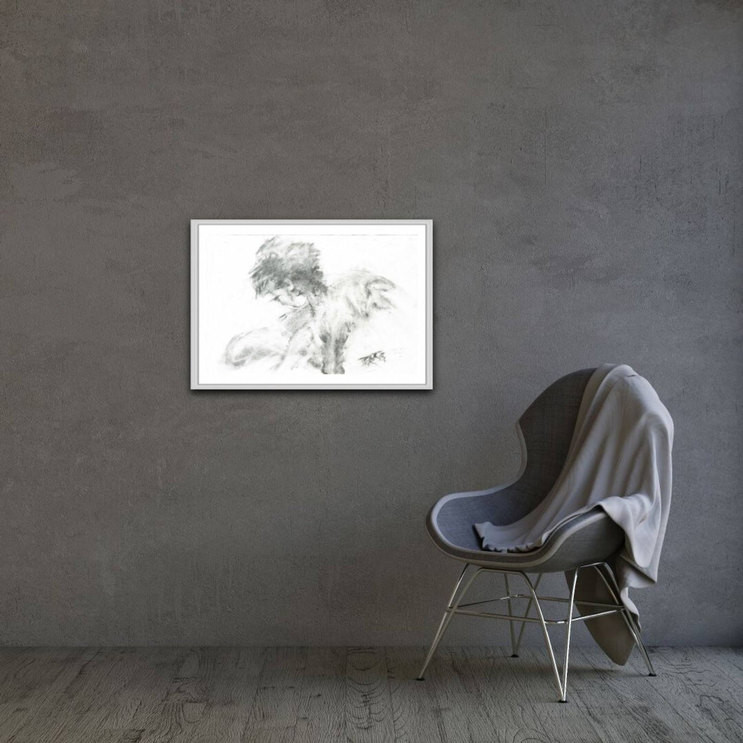Original monochrome abstract charcoal drawing Rebirth by Diana Dimova TRAXI, featuring black and white contrasts celebrating nature and renewal. A framed black and white sketch print of two dogs hanging on a textured gray wall in a modern room setting with a gray chair and draped blanket.