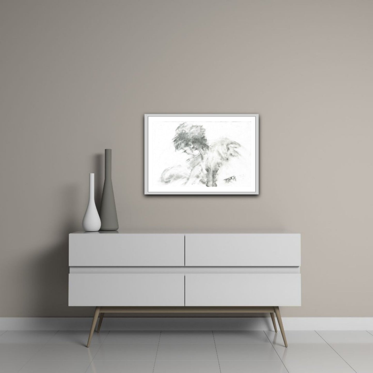 Original monochrome abstract charcoal drawing Rebirth by Diana Dimova TRAXI, featuring black and white contrasts celebrating nature and renewal. A framed black and white sketch print of a dog hanging on a beige wall above a modern white sideboard with decorative vases.