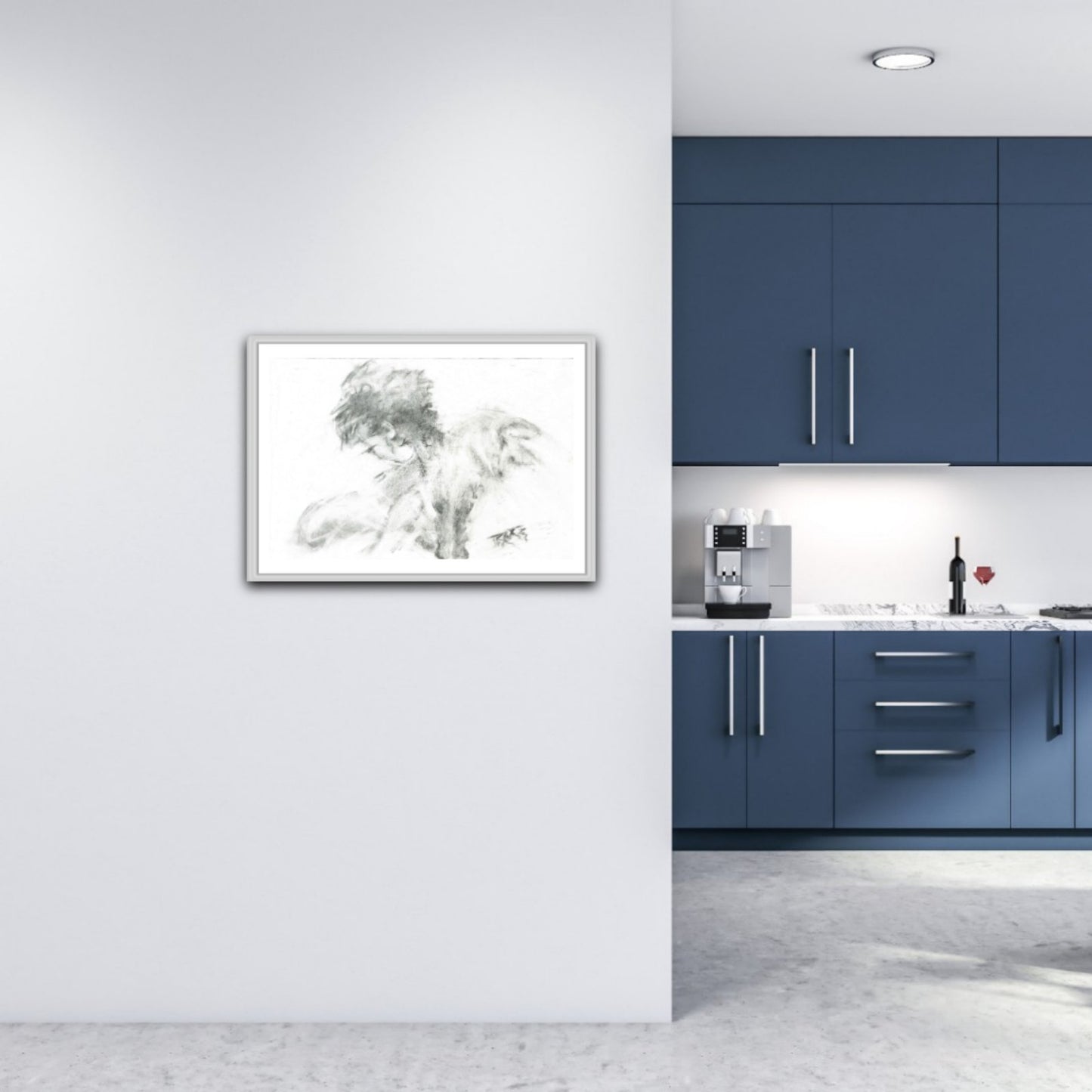 Original monochrome abstract charcoal drawing Rebirth by Diana Dimova TRAXI, featuring black and white contrasts celebrating nature and renewal. A framed black and white sketch of a dog hanging on a white wall in a modern kitchen setting with blue cabinets.