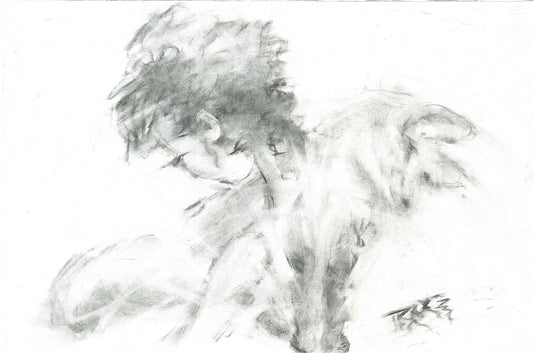 Original monochrome abstract charcoal drawing Rebirth by Diana Dimova TRAXI, featuring black and white contrasts celebrating nature and renewal. A monochrome charcoal or pencil sketch of a seated figure on a white background, with loose gray shading and visible drawing marks.