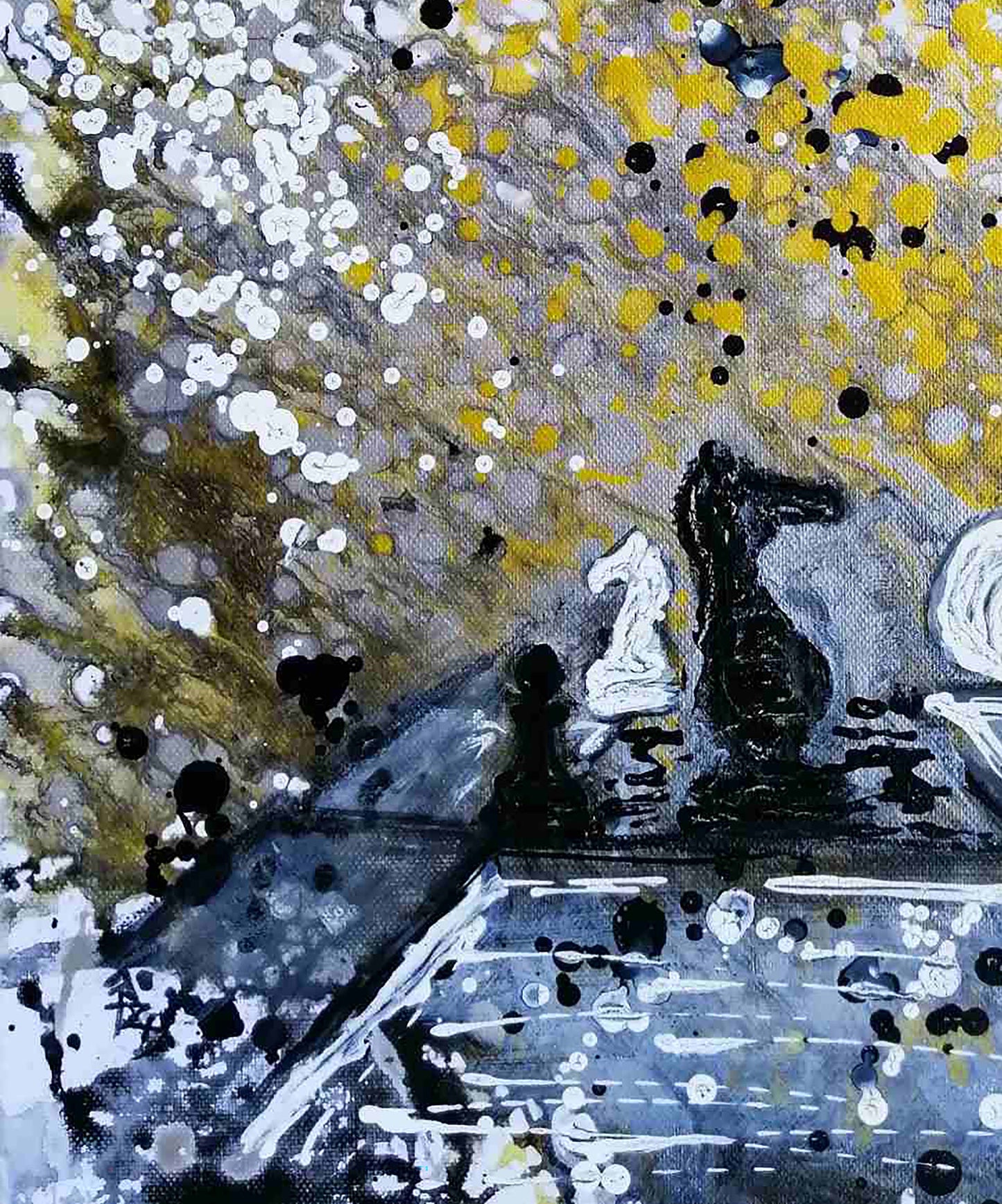 Original symbolic abstract painting Black Wins Again by Diana Dimova TRAXI, featuring chess elements in white, black, and gold tones. Abstract painting with expressive black, white, gray, and yellow brushstrokes and splatters, featuring two chess pieces on a textured canvas.