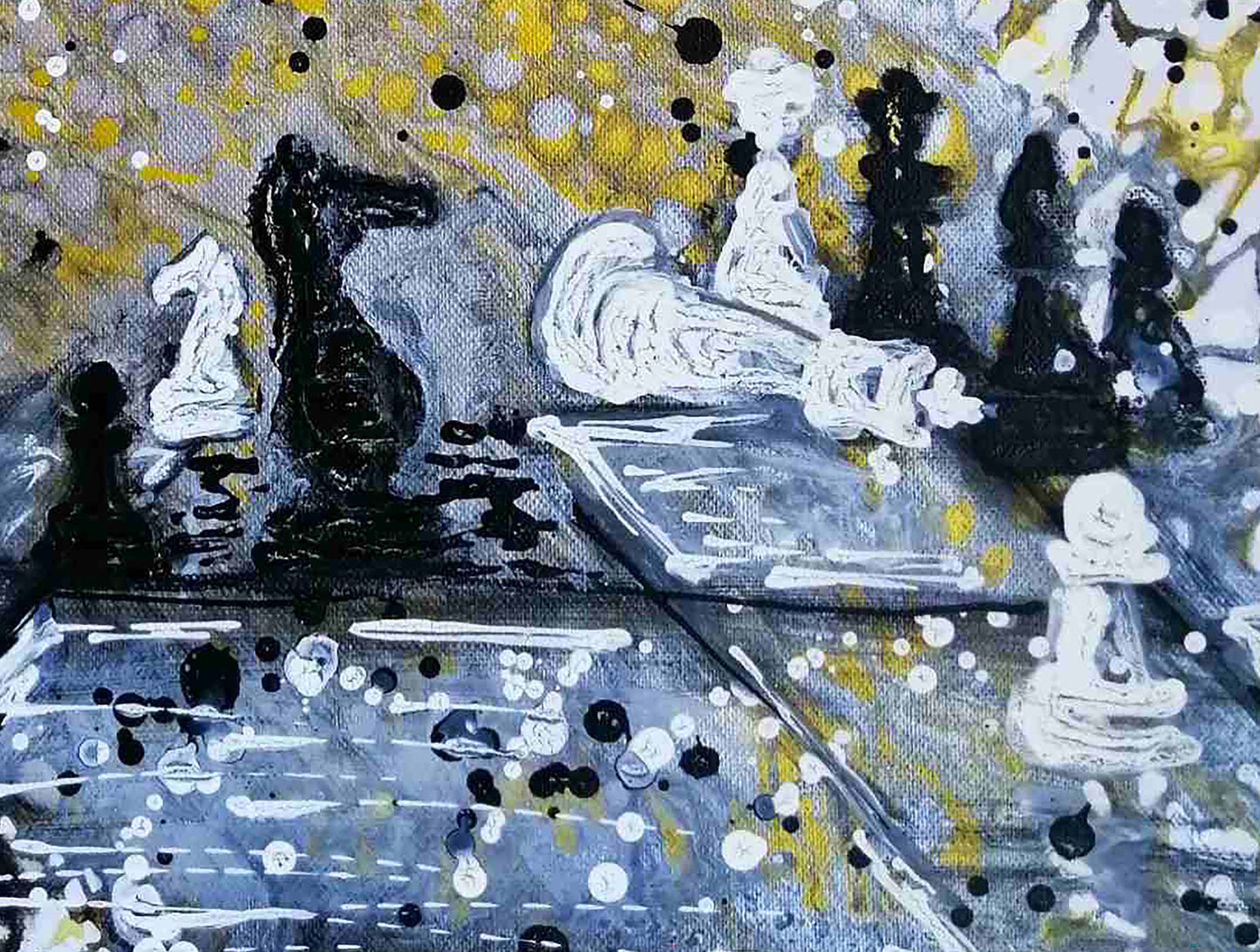 Original symbolic abstract painting Black Wins Again by Diana Dimova TRAXI, featuring chess elements in white, black, and gold tones. Abstract painting of chess pieces on a board, featuring black and white pawns and rooks with splatters of yellow, black, and gray paint.