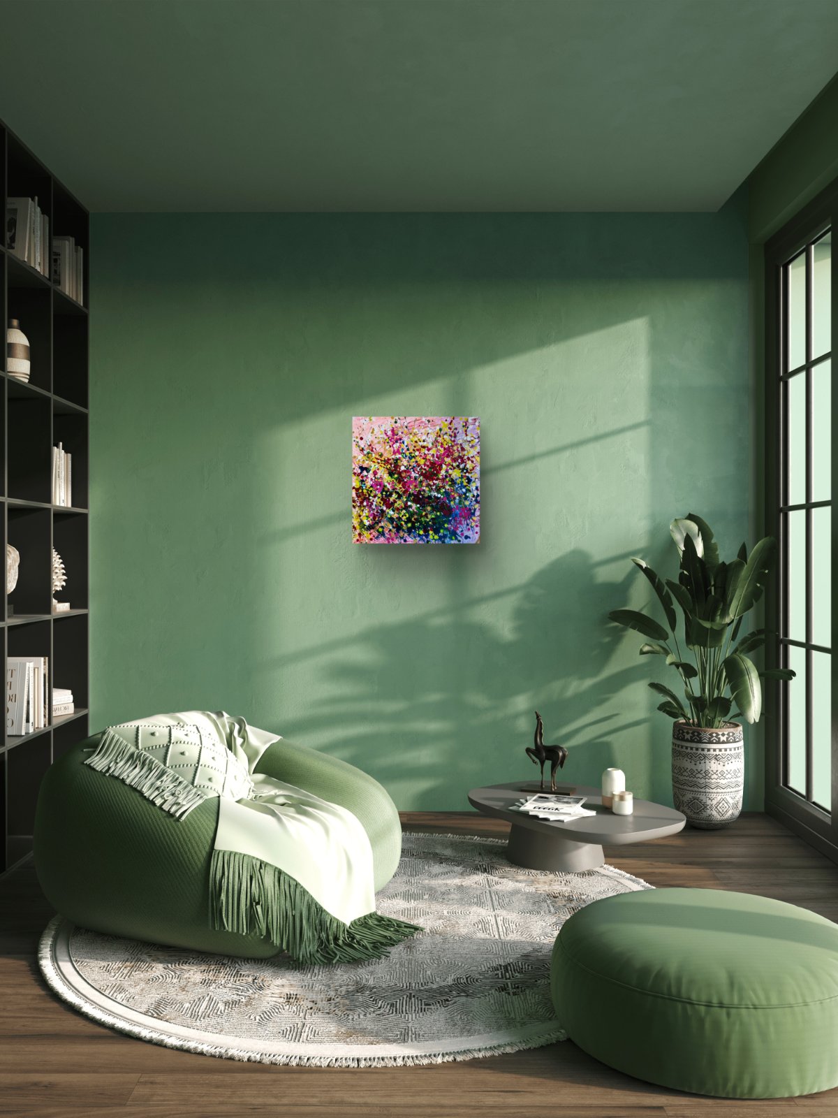 Original abstract painting Summer Garden Flowers by Diana Dimova TRAXI, featuring a colorful floral bouquet in vibrant yellow, pink, and orange tones. A colorful abstract floral canvas print hangs on a sage green wall in a modern living room setting with a green armchair, ottoman, and potted plant.