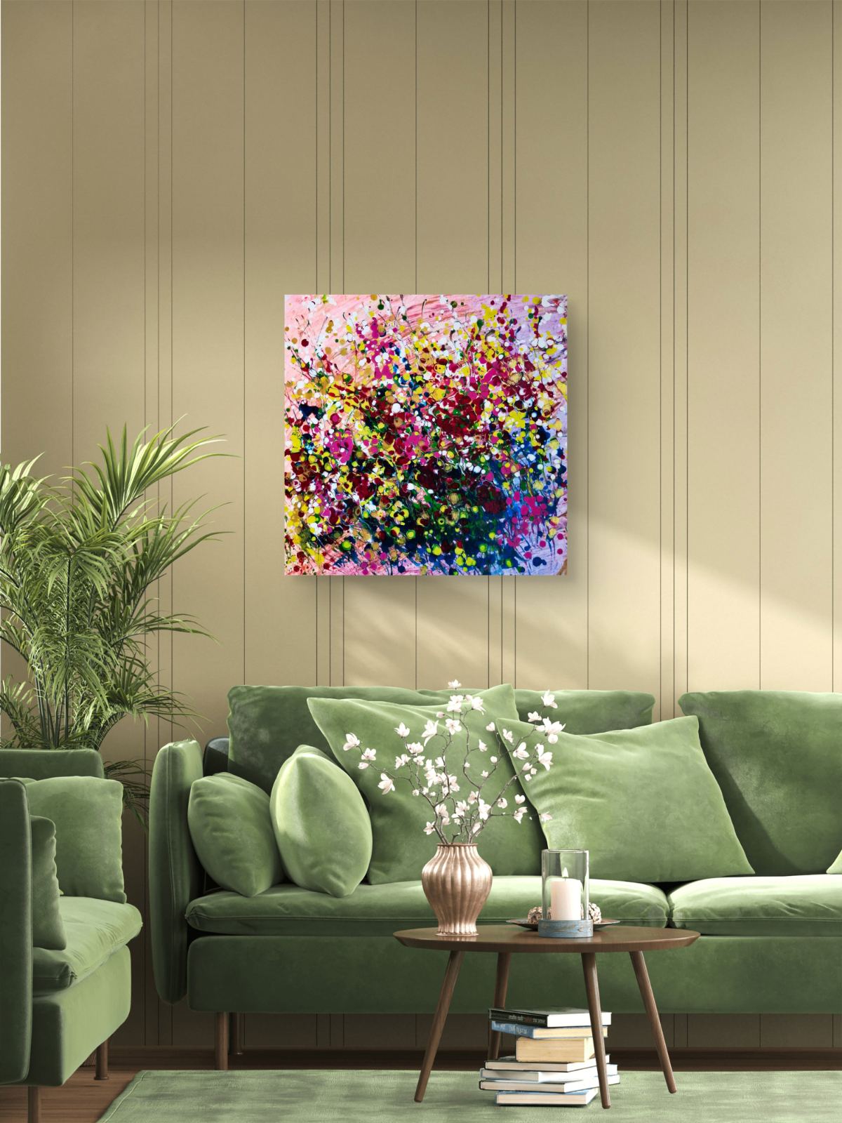 Original abstract painting Summer Garden Flowers by Diana Dimova TRAXI, featuring a colorful floral bouquet in vibrant yellow, pink, and orange tones. A colorful abstract floral canvas print hangs on a beige paneled wall above a green sofa in a styled living room setting.