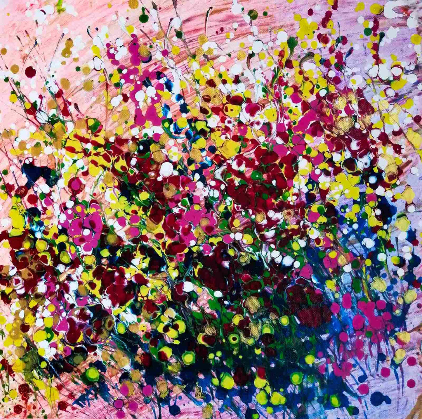 Original abstract painting Summer Garden Flowers by Diana Dimova TRAXI, featuring a colorful floral bouquet in vibrant yellow, pink, and orange tones. A vibrant abstract painting filled with energetic splatters, drips, and textured brushstrokes in pink, yellow, red, blue, green, black, and white.
