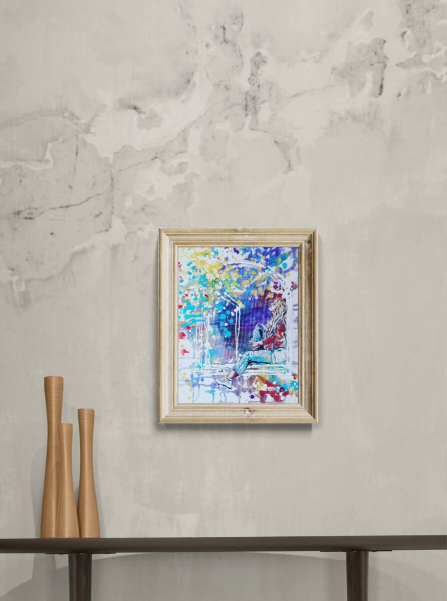 Original framed painting Talking with the Stars by Diana Dimova TRAXI, featuring a spiritual window composition with a girl reaching toward a starry night sky. A framed abstract painting with vibrant blue, red, yellow, and green brushstrokes, displayed on a textured light gray wall above a dark console table with wooden vases.