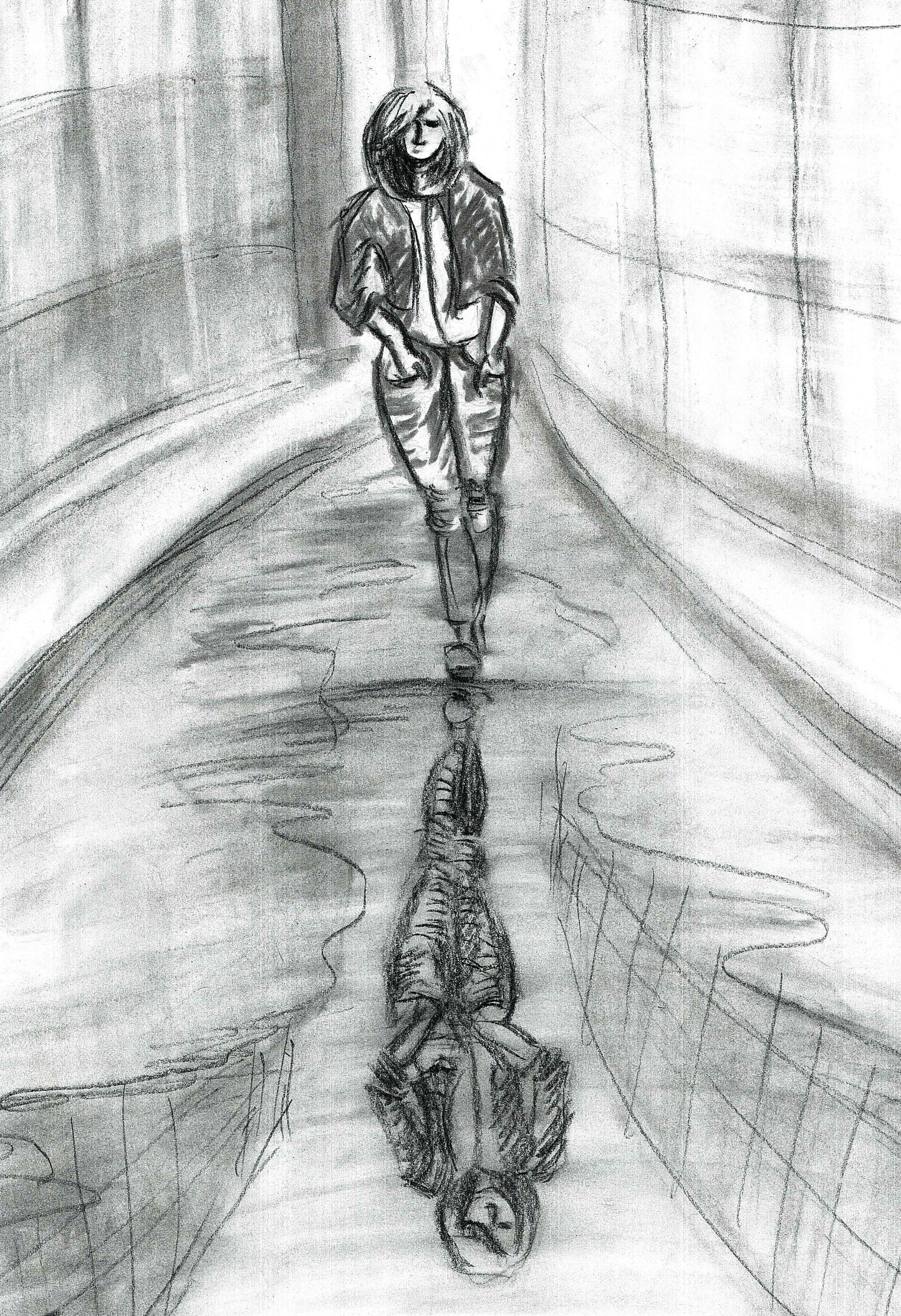 Original neo-noir urban charcoal drawing Alone with Myself by Diana Dimova TRAXI, featuring a woman and reflection exploring solitude in black and white. A monochrome pencil-style artwork showing a person walking down a tunnel-like corridor with their reflection visible on the ground.