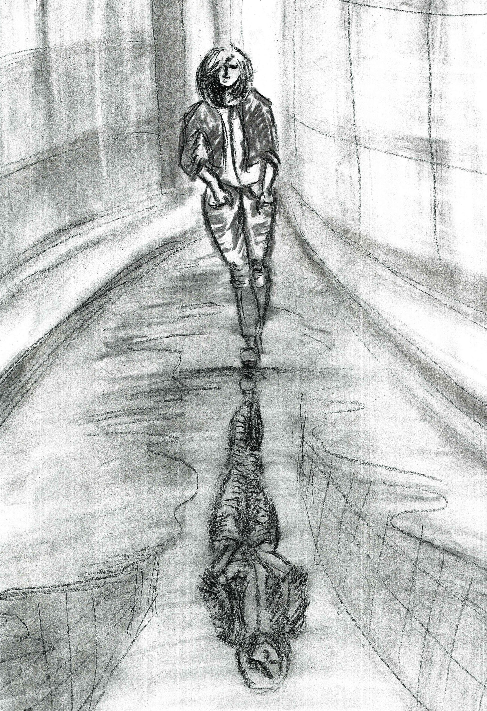 Original neo-noir urban charcoal drawing Alone with Myself by Diana Dimova TRAXI, featuring a woman and reflection exploring solitude in black and white. A monochrome pencil-style artwork showing a person walking down a tunnel-like corridor with their reflection visible on the ground.