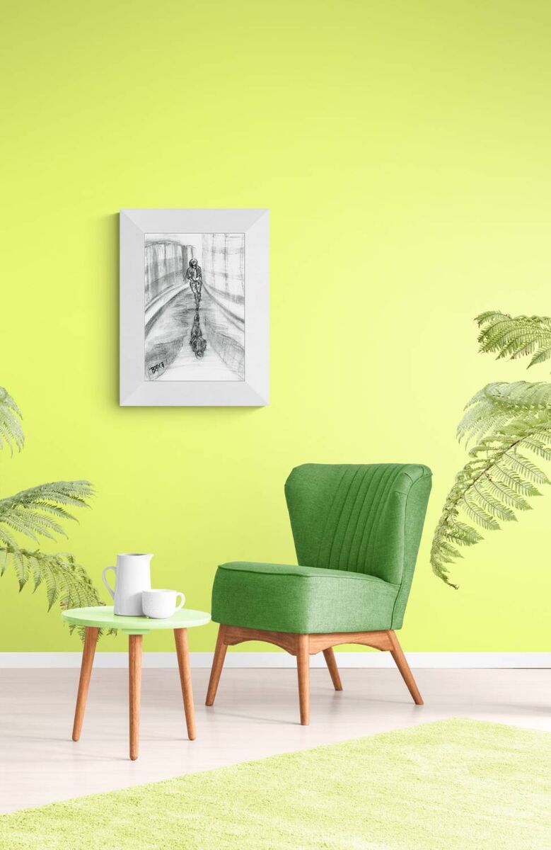 Original neo-noir urban charcoal drawing Alone with Myself by Diana Dimova TRAXI, featuring a woman and reflection exploring solitude in black and white. A styled interior scene with a bright lime green wall, a green upholstered armchair, a small round side table with a white pitcher and cup, a framed black-and-white artwork on the wall, and green plant leaves around the room.