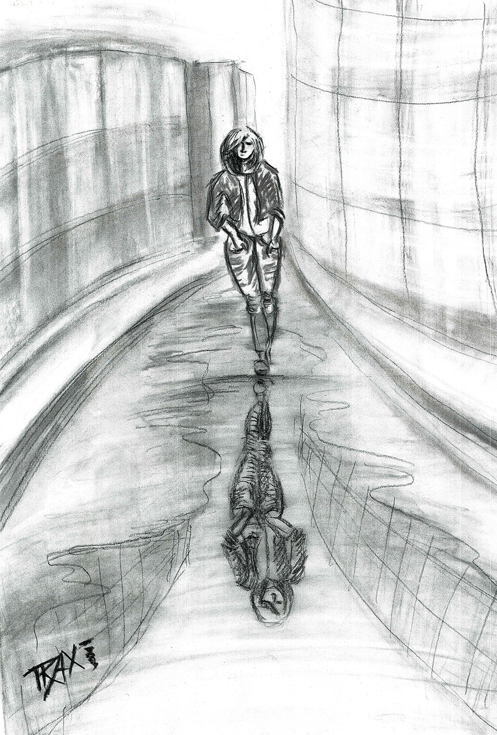 Original neo-noir urban charcoal drawing Alone with Myself by Diana Dimova TRAXI, featuring a woman and reflection exploring solitude in black and white. A black and white pencil sketch depicting a figure walking down a tunnel with their reflection visible on the wet ground.