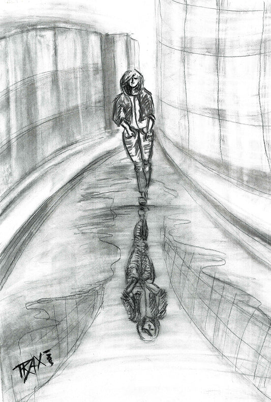 Original neo-noir urban charcoal drawing Alone with Myself by Diana Dimova TRAXI, featuring a woman and reflection exploring solitude in black and white. A black and white pencil sketch depicting a figure walking down a tunnel with their reflection visible on the wet ground.