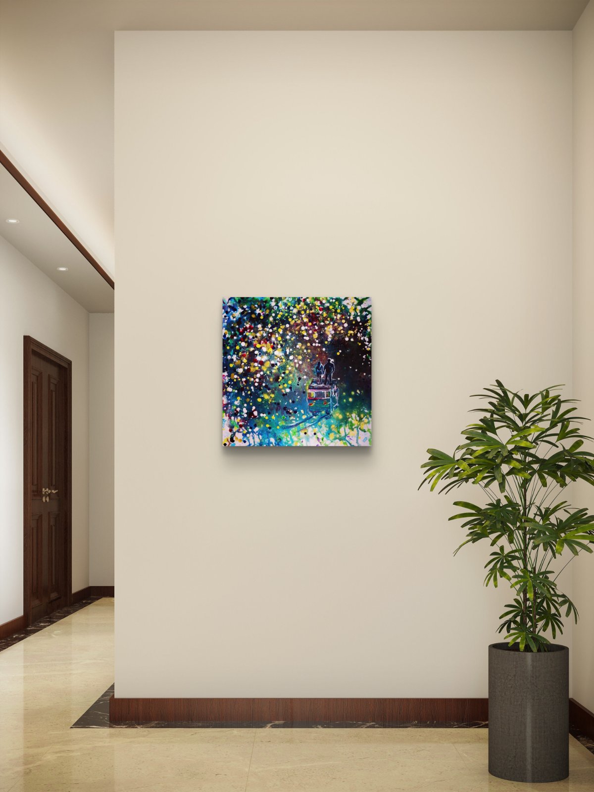 Original Painting, Pointillism, TRAXI, Spiritual Abstract, Vintage Bus, Starry Night, Romance, Contemporary Art, Wall Decor, Triptych, Collectible Art A colorful abstract canvas painting featuring vibrant splashes of blue, green, yellow, and purple, displayed on a beige wall in a modern hallway next to a potted green plant.