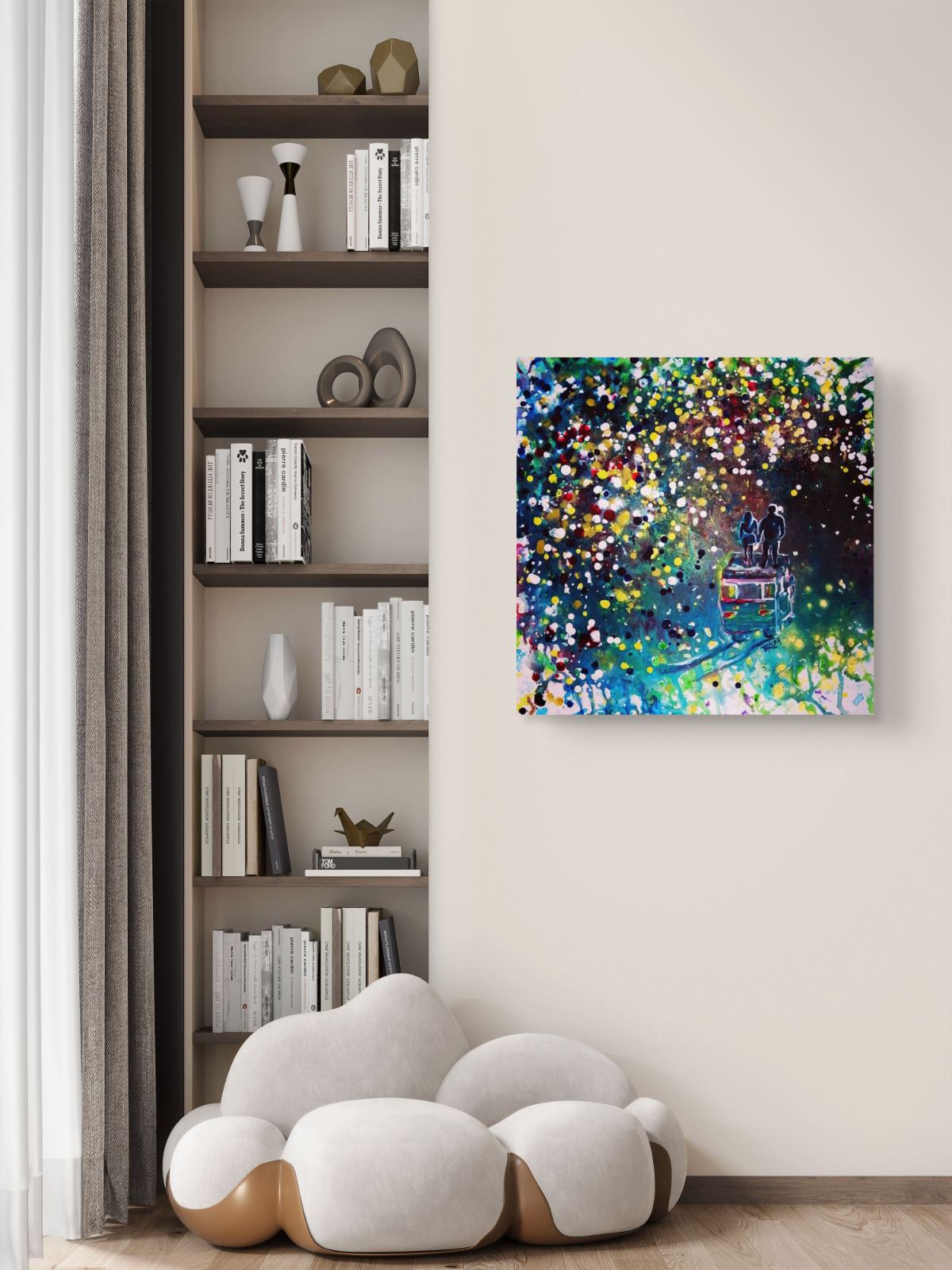 Original Painting, Pointillism, TRAXI, Spiritual Abstract, Vintage Bus, Starry Night, Romance, Contemporary Art, Wall Decor, Triptych, Collectible Art A colorful abstract canvas print depicting a vibrant, sparkling scene with blue, green, yellow, and white lights, displayed on a beige wall in a modern living room setting next to a built-in bookshelf and a cloud-shaped white sofa.