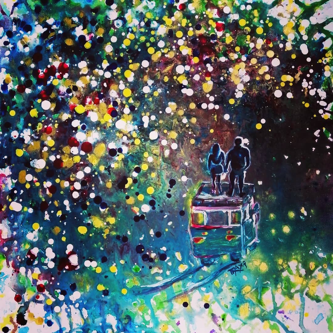 Original Painting, Pointillism, TRAXI, Spiritual Abstract, Vintage Bus, Starry Night, Romance, Contemporary Art, Wall Decor, Triptych, Collectible Art Abstract watercolor painting of a small bus with two silhouetted figures standing on its roof, surrounded by dense splashes and dots of green, blue, yellow, white, red, and black.
