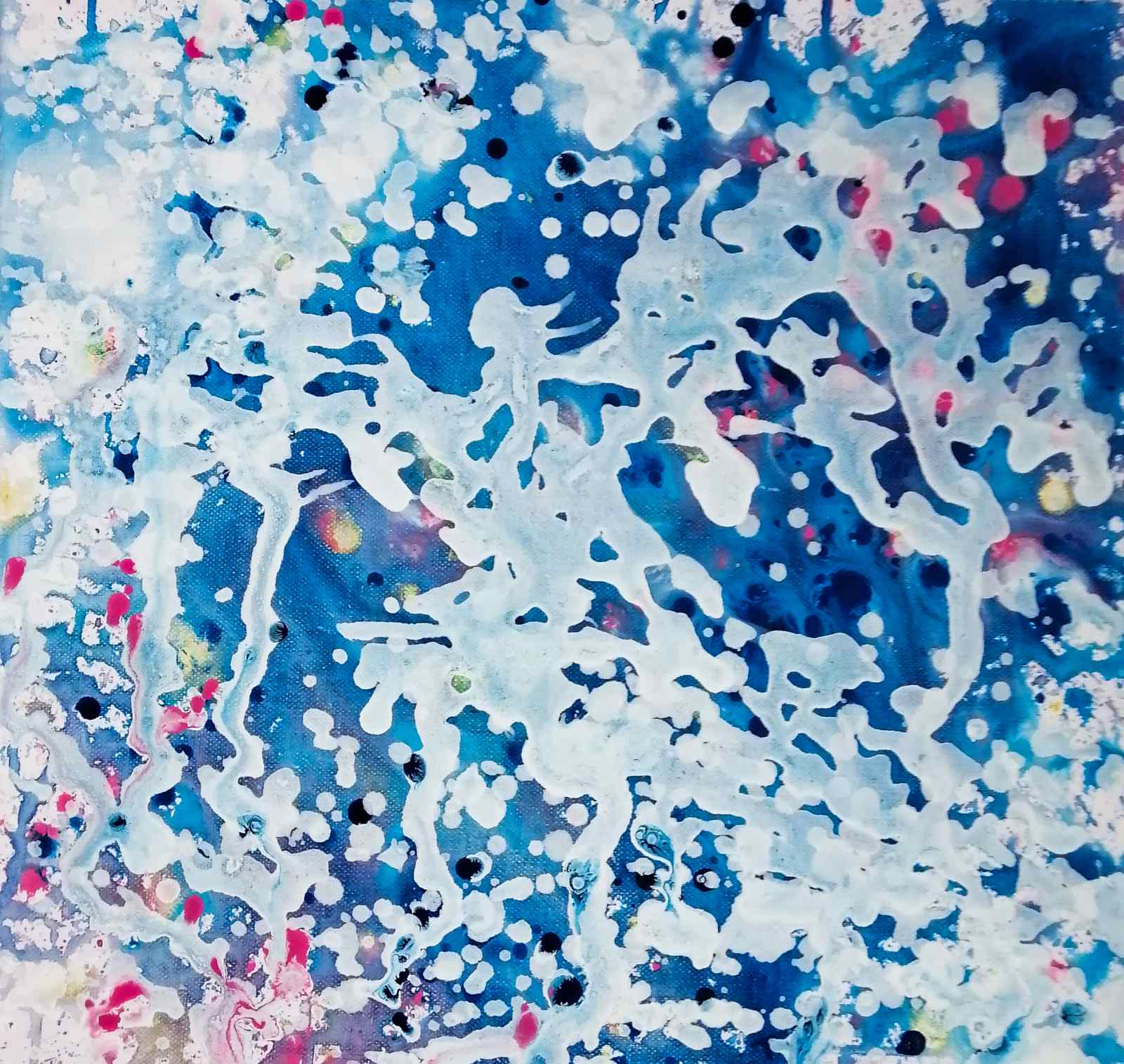 Original spiritual abstract painting Prayer by Diana Dimova TRAXI, featuring a white angel and protective wings in white and blue tones. Abstract fluid acrylic painting with swirling patterns of blue, white, and splatters of pink, black, and yellow.